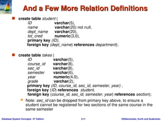 ©Silberschatz, Korth and Sudarshan
3.11
Database System Concepts - 6th
Edition
And a Few More Relation Definitions
And a Few More Relation Definitions
 create table student (
ID varchar(5),
name varchar(20) not null,
dept_name varchar(20),
tot_cred numeric(3,0),
primary key (ID),
foreign key (dept_name) references department);
 create table takes (
ID varchar(5),
course_id varchar(8),
sec_id varchar(8),
semester varchar(6),
year numeric(4,0),
grade varchar(2),
primary key (ID, course_id, sec_id, semester, year) ,
foreign key (ID) references student,
foreign key (course_id, sec_id, semester, year) references section);
 Note: sec_id can be dropped from primary key above, to ensure a
student cannot be registered for two sections of the same course in the
same semester
 