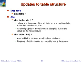 ©Silberschatz, Korth and Sudarshan
3.13
Database System Concepts - 6th
Edition
Updates to table structure
Updates to table structure
 Drop Table
 drop table r
 Alter
 alter table r add A D
 where A is the name of the attribute to be added to relation
r and D is the domain of A.
 All exiting tuples in the relation are assigned null as the
value for the new attribute.
 alter table r drop A
 where A is the name of an attribute of relation r
 Dropping of attributes not supported by many databases.
 