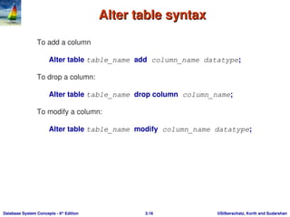 ©Silberschatz, Korth and Sudarshan
3.16
Database System Concepts - 6th
Edition
Alter table syntax
Alter table syntax
To add a column
Alter table table_name add column_name datatype;
To drop a column:
Alter table table_name drop column column_name;
To modify a column:
Alter table table_name modify column_name datatype;
 