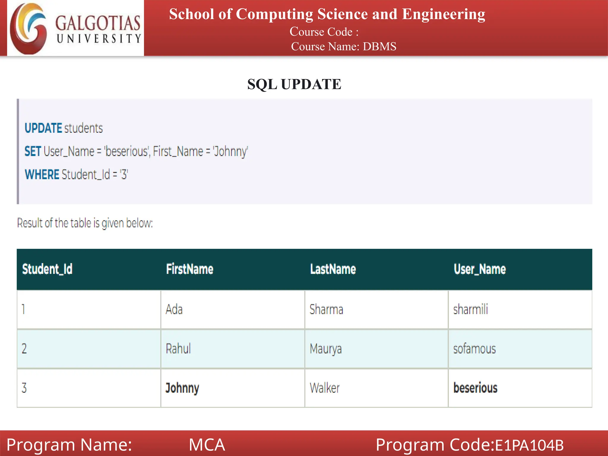 School of Computing Science and Engineering
Course Code :
Course Name: DBMS
Program Name: MCA Program Code:E1PA104B
SQL UPDATE
 