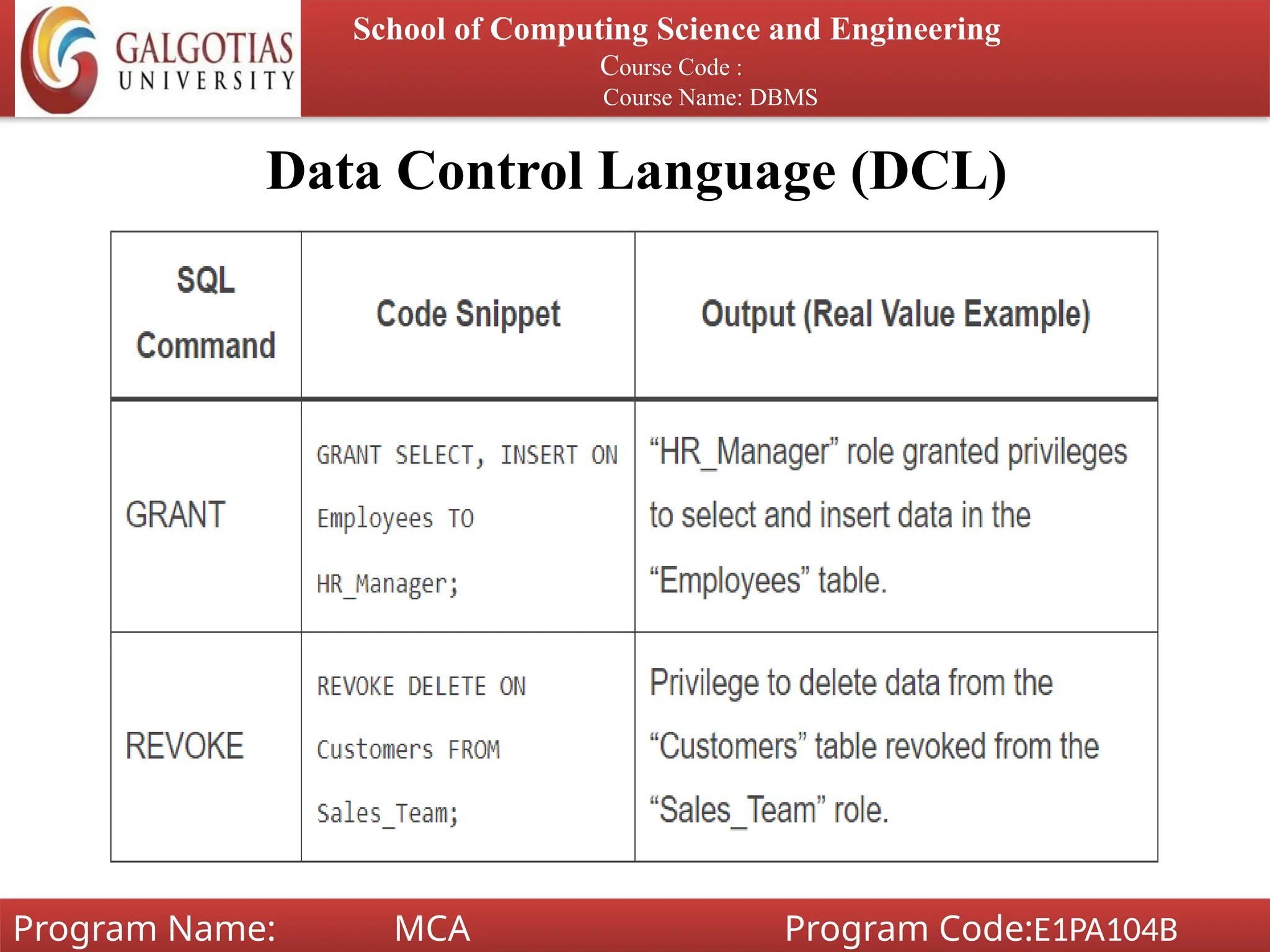 Data Control Language (DCL)
School of Computing Science and Engineering
Course Code :
Course Name: DBMS
Program Name: MCA Program Code:E1PA104B
 