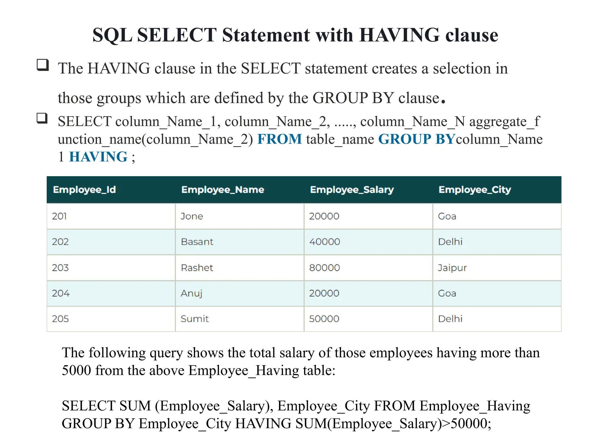 SQL SELECT Statement with HAVING clause
 The HAVING clause in the SELECT statement creates a selection in
those groups which are defined by the GROUP BY clause.
 SELECT column_Name_1, column_Name_2, ....., column_Name_N aggregate_f
unction_name(column_Name_2) FROM table_name GROUP BYcolumn_Name
1 HAVING ;
The following query shows the total salary of those employees having more than
5000 from the above Employee_Having table:
SELECT SUM (Employee_Salary), Employee_City FROM Employee_Having
GROUP BY Employee_City HAVING SUM(Employee_Salary)>50000;
 
