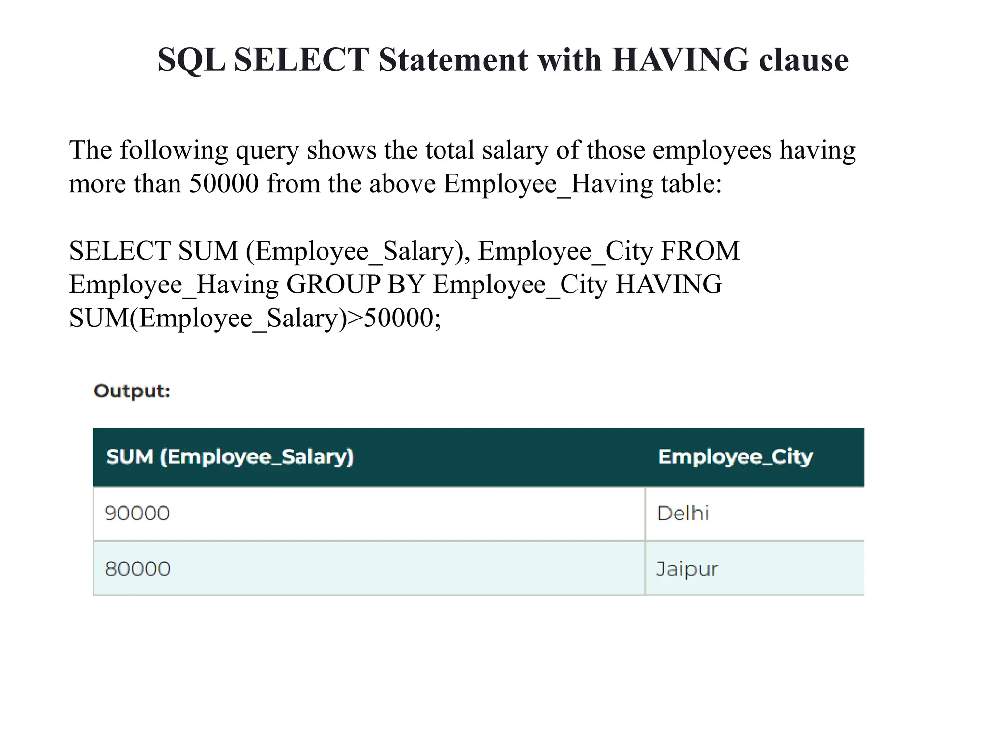 SQL SELECT Statement with HAVING clause
The following query shows the total salary of those employees having
more than 50000 from the above Employee_Having table:
SELECT SUM (Employee_Salary), Employee_City FROM
Employee_Having GROUP BY Employee_City HAVING
SUM(Employee_Salary)>50000;
 