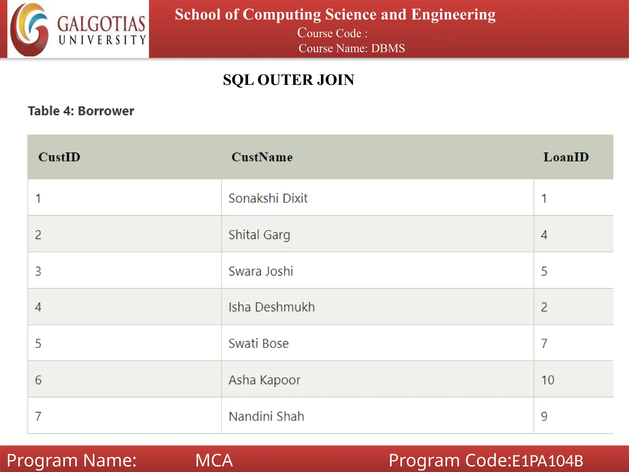 School of Computing Science and Engineering
Course Code :
Course Name: DBMS
Program Name: MCA Program Code:E1PA104B
SQL OUTER JOIN
 