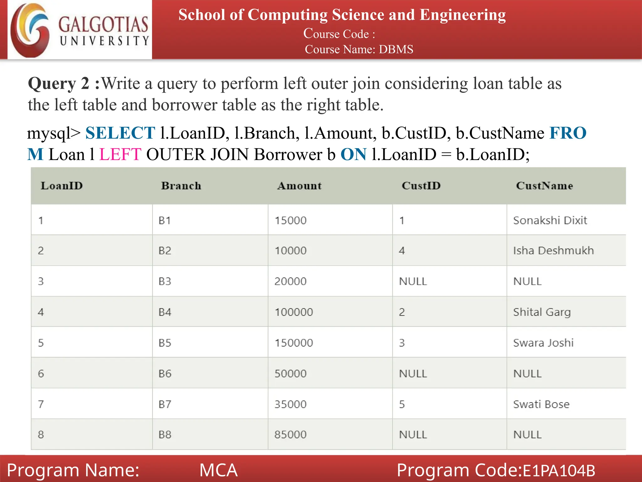 School of Computing Science and Engineering
Course Code :
Course Name: DBMS
Program Name: MCA Program Code:E1PA104B
Query 2 :Write a query to perform left outer join considering loan table as
the left table and borrower table as the right table.
mysql> SELECT l.LoanID, l.Branch, l.Amount, b.CustID, b.CustName FRO
M Loan l LEFT OUTER JOIN Borrower b ON l.LoanID = b.LoanID;
 