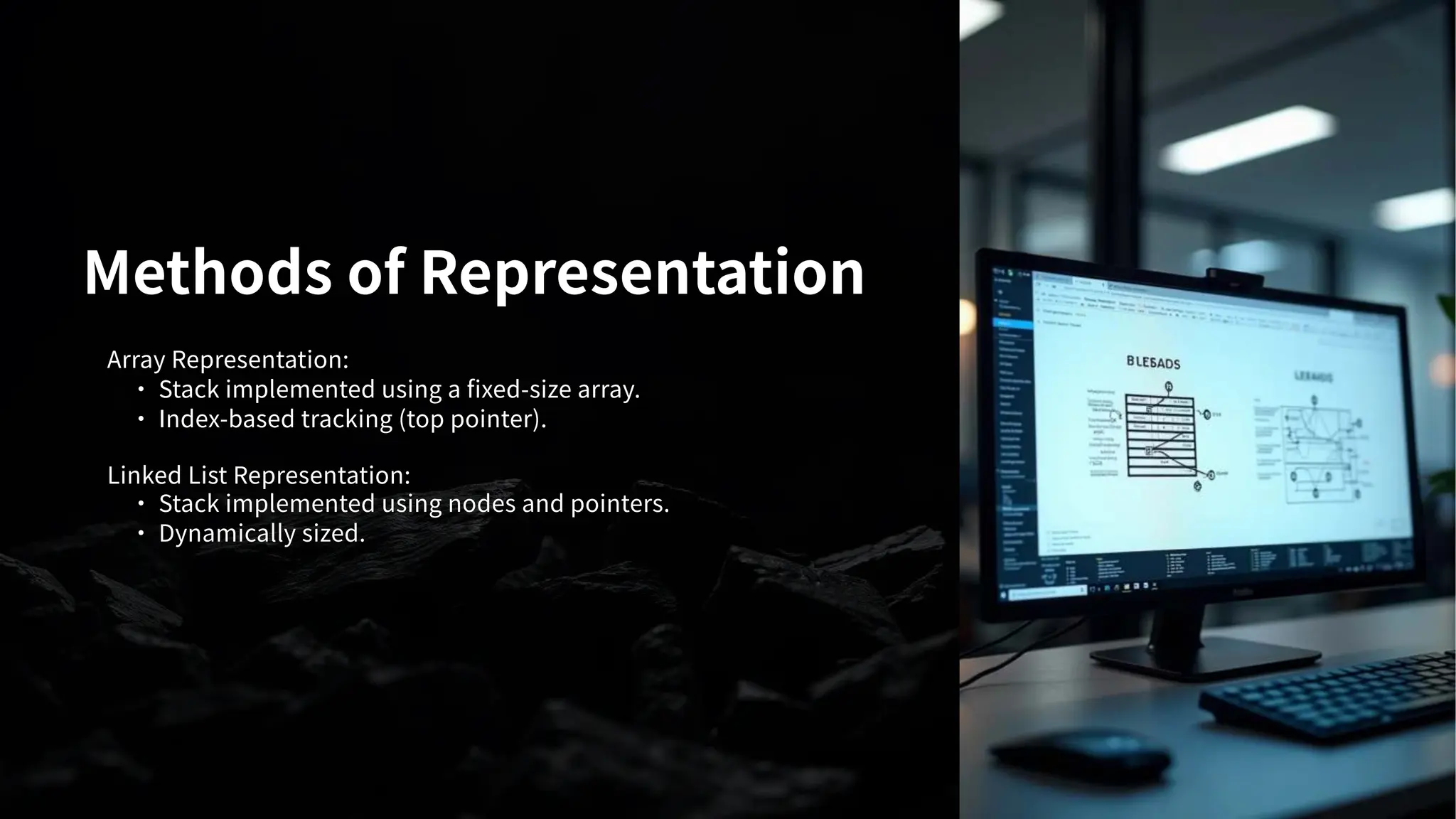 Methods of Representation
Array Representation:
· Stack implemented using a fixed-size array.
· Index-based tracking (top pointer).
Linked List Representation:
· Stack implemented using nodes and pointers.
· Dynamically sized.
 