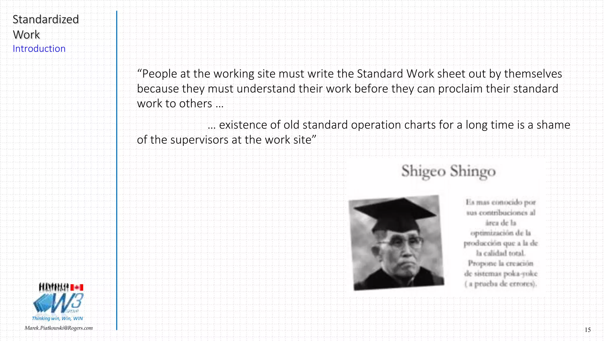 15Marek.Piatkowski@Rogers.com
Standardized
Work
Introduction
Thinkingwin, Win, WIN
“People at the working site must write the Standard Work sheet out by themselves
because they must understand their work before they can proclaim their standard
work to others …
… existence of old standard operation charts for a long time is a shame
of the supervisors at the work site”
 