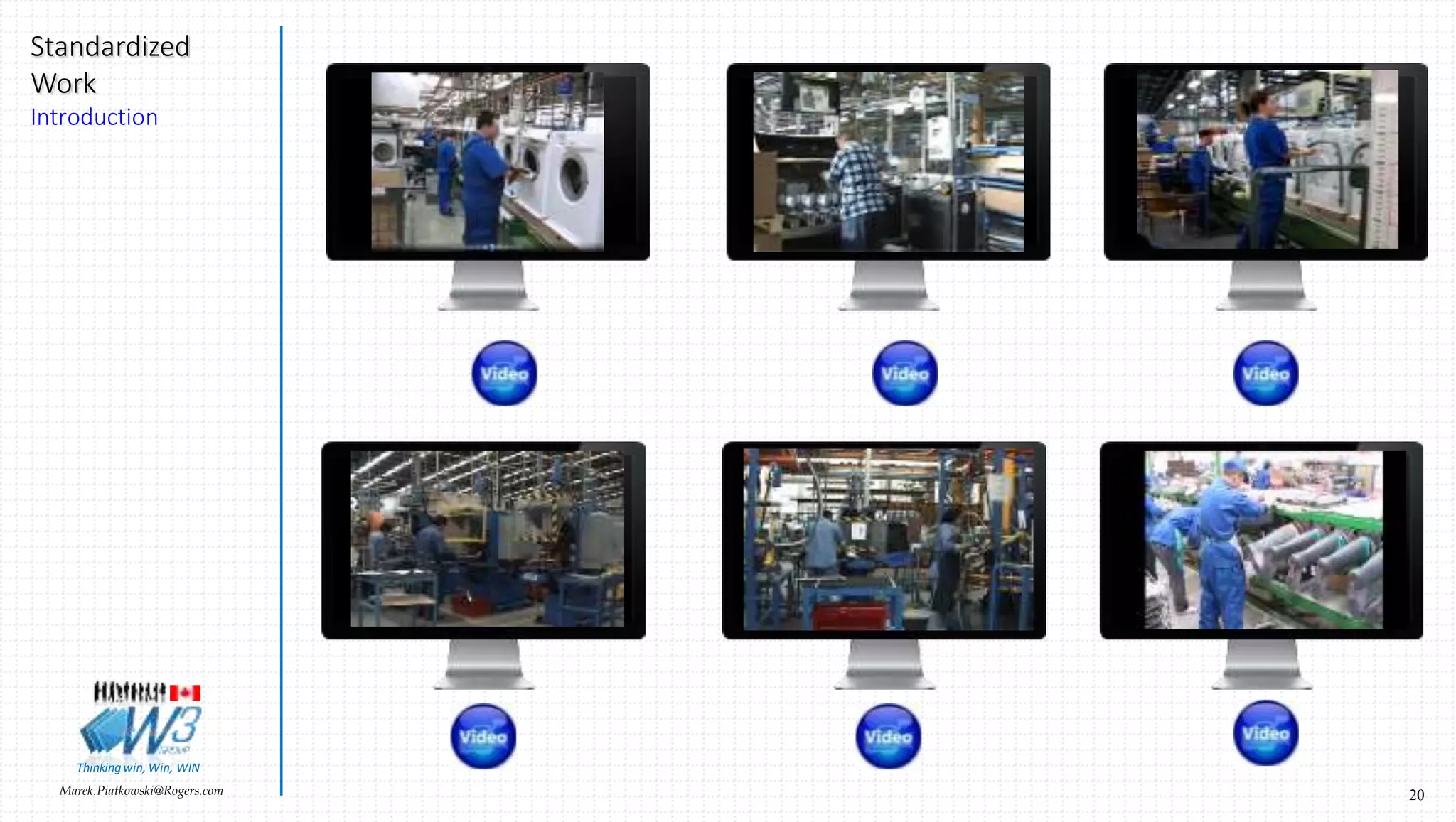 20Marek.Piatkowski@Rogers.com
Standardized
Work
Introduction
Thinkingwin, Win, WIN
Manpower Calculations
Operators
A B C D
Customer Demand Rate (60 sec.)
Takt Time = 60 seconds
5 Operators
EA B C D
Operators
Customer Demand Rate (60 sec.)
4 Operators
Takt Time = 60 seconds
 