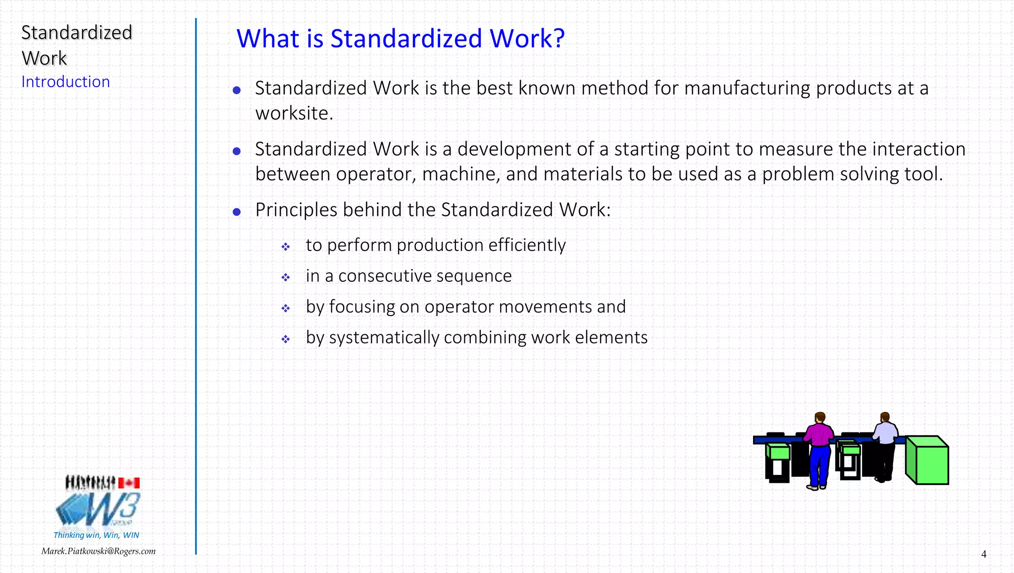 4Marek.Piatkowski@Rogers.com
Standardized
Work
Introduction
Thinkingwin, Win, WIN
What is Standardized Work?
 Standardized Work is the best known method for manufacturing products at a
worksite.
 Standardized Work is a development of a starting point to measure the interaction
between operator, machine, and materials to be used as a problem solving tool.
 Principles behind the Standardized Work:
 to perform production efficiently
 in a consecutive sequence
 by focusing on operator movements and
 by systematically combining work elements
 