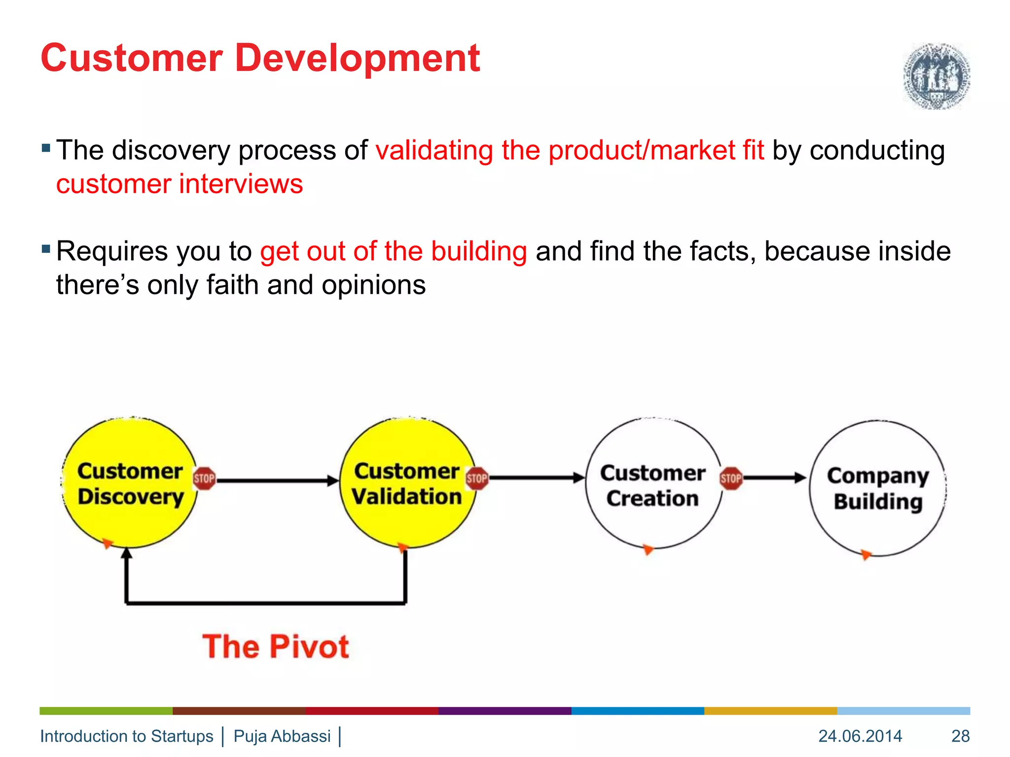 Introduction to Startups │ Puja Abbassi │
▪The discovery process of validating the product/market fit by conducting
customer interviews
▪Requires you to get out of the building and find the facts, because inside
there’s only faith and opinions
Customer Development
24.06.2014 28
 