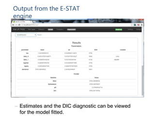 Output from the E-STAT
engine
– Estimates and the DIC diagnostic can be viewed
for the model fitted.
 