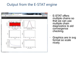 Output from the E-STAT engine
• E-STAT offers
multiple chains so
that we can use
multiple chain
diagnostics to aid
convergence
checking.
• Graphics are in svg
format so scale
nicely.
 