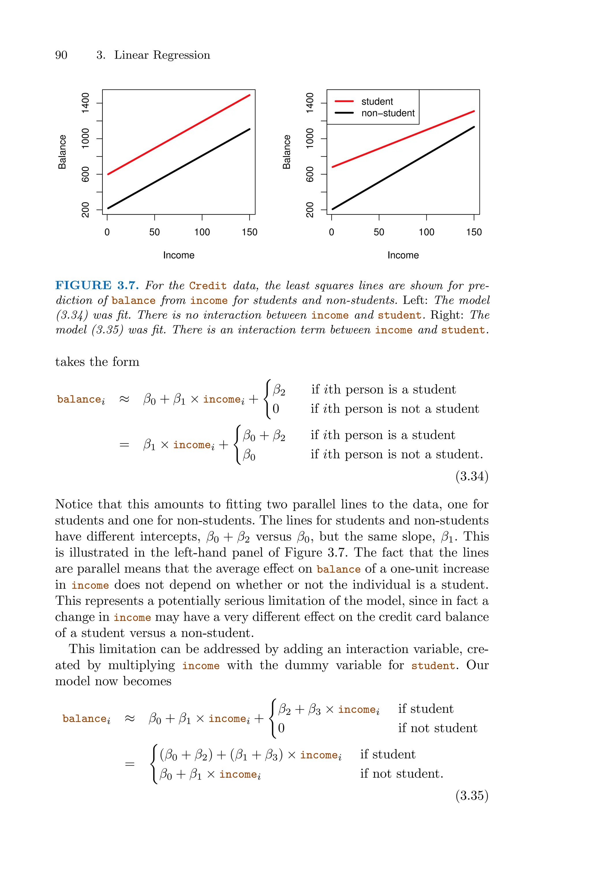 90 3. Linear Regression
0 50 100 150
200
600
1000
1400
Income
Balance
0 50 100 150
200
600
1000
1400
Income
Balance
student
non−student
FIGURE 3.7. For the Credit data, the least squares lines are shown for pre-
diction of balance from income for students and non-students. Left: The model
(3.34) was fit. There is no interaction between income and student. Right: The
model (3.35) was fit. There is an interaction term between income and student.
takes the form
balancei ≈ β0 + β1 × incomei +
=
β2 if ith person is a student
0 if ith person is not a student
= β1 × incomei +
=
β0 + β2 if ith person is a student
β0 if ith person is not a student.
(3.34)
Notice that this amounts to fitting two parallel lines to the data, one for
students and one for non-students. The lines for students and non-students
have diﬀerent intercepts, β0 + β2 versus β0, but the same slope, β1. This
is illustrated in the left-hand panel of Figure 3.7. The fact that the lines
are parallel means that the average eﬀect on balance of a one-unit increase
in income does not depend on whether or not the individual is a student.
This represents a potentially serious limitation of the model, since in fact a
change in income may have a very diﬀerent eﬀect on the credit card balance
of a student versus a non-student.
This limitation can be addressed by adding an interaction variable, cre-
ated by multiplying income with the dummy variable for student. Our
model now becomes
balancei ≈ β0 + β1 × incomei +
=
β2 + β3 × incomei if student
0 if not student
=
=
(β0 + β2) + (β1 + β3) × incomei if student
β0 + β1 × incomei if not student.
(3.35)
 