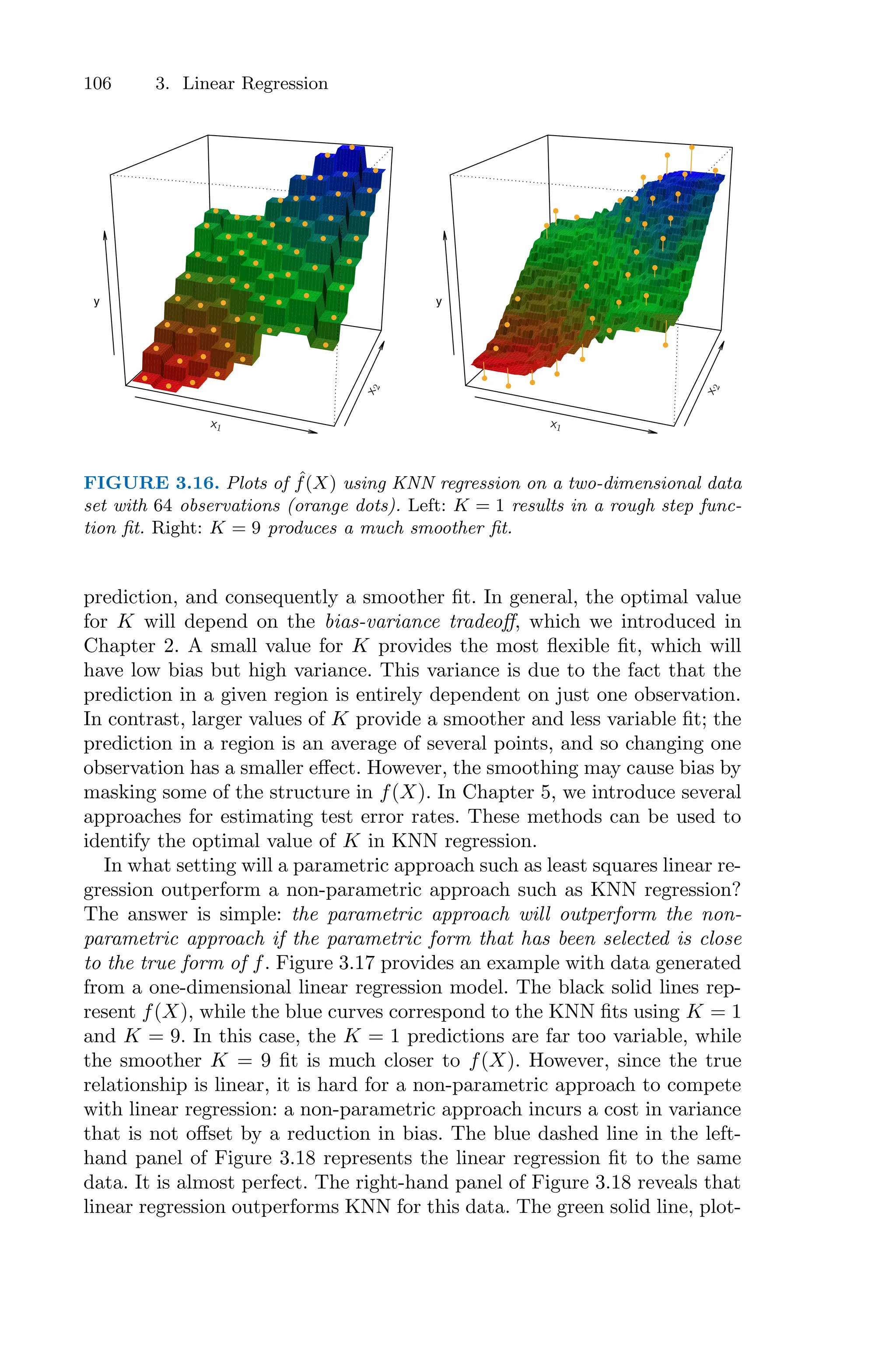 106 3. Linear Regression
y
y
x1
x1
x
2
x
2
y
y
y
FIGURE 3.16. Plots of ˆ
f(X) using KNN regression on a two-dimensional data
set with 64 observations (orange dots). Left: K = 1 results in a rough step func-
tion fit. Right: K = 9 produces a much smoother fit.
prediction, and consequently a smoother fit. In general, the optimal value
for K will depend on the bias-variance tradeoﬀ, which we introduced in
Chapter 2. A small value for K provides the most flexible fit, which will
have low bias but high variance. This variance is due to the fact that the
prediction in a given region is entirely dependent on just one observation.
In contrast, larger values of K provide a smoother and less variable fit; the
prediction in a region is an average of several points, and so changing one
observation has a smaller eﬀect. However, the smoothing may cause bias by
masking some of the structure in f(X). In Chapter 5, we introduce several
approaches for estimating test error rates. These methods can be used to
identify the optimal value of K in KNN regression.
In what setting will a parametric approach such as least squares linear re-
gression outperform a non-parametric approach such as KNN regression?
The answer is simple: the parametric approach will outperform the non-
parametric approach if the parametric form that has been selected is close
to the true form of f. Figure 3.17 provides an example with data generated
from a one-dimensional linear regression model. The black solid lines rep-
resent f(X), while the blue curves correspond to the KNN fits using K = 1
and K = 9. In this case, the K = 1 predictions are far too variable, while
the smoother K = 9 fit is much closer to f(X). However, since the true
relationship is linear, it is hard for a non-parametric approach to compete
with linear regression: a non-parametric approach incurs a cost in variance
that is not oﬀset by a reduction in bias. The blue dashed line in the left-
hand panel of Figure 3.18 represents the linear regression fit to the same
data. It is almost perfect. The right-hand panel of Figure 3.18 reveals that
linear regression outperforms KNN for this data. The green solid line, plot-
 