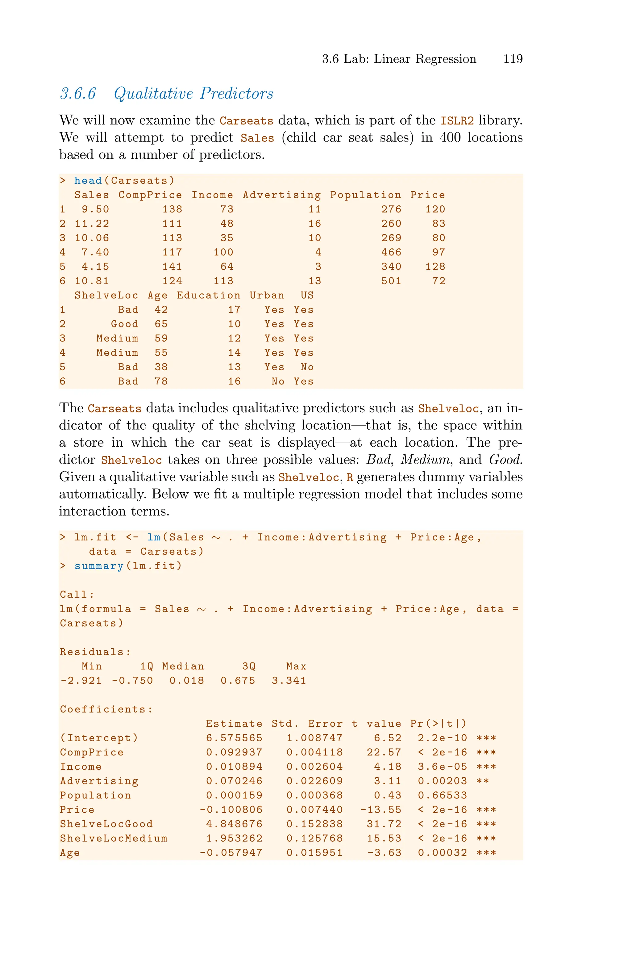 3.6 Lab: Linear Regression 119
3.6.6 Qualitative Predictors
We will now examine the Carseats data, which is part of the ISLR2 library.
We will attempt to predict Sales (child car seat sales) in 400 locations
based on a number of predictors.
> head(Carseats)
Sales CompPrice Income Advertising Population Price
1 9.50 138 73 11 276 120
2 11.22 111 48 16 260 83
3 10.06 113 35 10 269 80
4 7.40 117 100 4 466 97
5 4.15 141 64 3 340 128
6 10.81 124 113 13 501 72
ShelveLoc Age Education Urban US
1 Bad 42 17 Yes Yes
2 Good 65 10 Yes Yes
3 Medium 59 12 Yes Yes
4 Medium 55 14 Yes Yes
5 Bad 38 13 Yes No
6 Bad 78 16 No Yes
The Carseats data includes qualitative predictors such as Shelveloc, an in-
dicator of the quality of the shelving location—that is, the space within
a store in which the car seat is displayed—at each location. The pre-
dictor Shelveloc takes on three possible values: Bad, Medium, and Good.
Given a qualitative variable such as Shelveloc, R generates dummy variables
automatically. Below we fit a multiple regression model that includes some
interaction terms.
> lm.fit <- lm(Sales ∼ . + Income: Advertising + Price:Age ,
data = Carseats)
> summary(lm.fit)
Call:
lm(formula = Sales ∼ . + Income: Advertising + Price:Age , data =
Carseats)
Residuals:
Min 1Q Median 3Q Max
-2.921 -0.750 0.018 0.675 3.341
Coefficients :
Estimate Std. Error t value Pr(>|t|)
(Intercept) 6.575565 1.008747 6.52 2.2e-10 ***
CompPrice 0.092937 0.004118 22.57 < 2e-16 ***
Income 0.010894 0.002604 4.18 3.6e -05 ***
Advertising 0.070246 0.022609 3.11 0.00203 **
Population 0.000159 0.000368 0.43 0.66533
Price -0.100806 0.007440 -13.55 < 2e-16 ***
ShelveLocGood 4.848676 0.152838 31.72 < 2e-16 ***
ShelveLocMedium 1.953262 0.125768 15.53 < 2e -16 ***
Age -0.057947 0.015951 -3.63 0.00032 ***
 