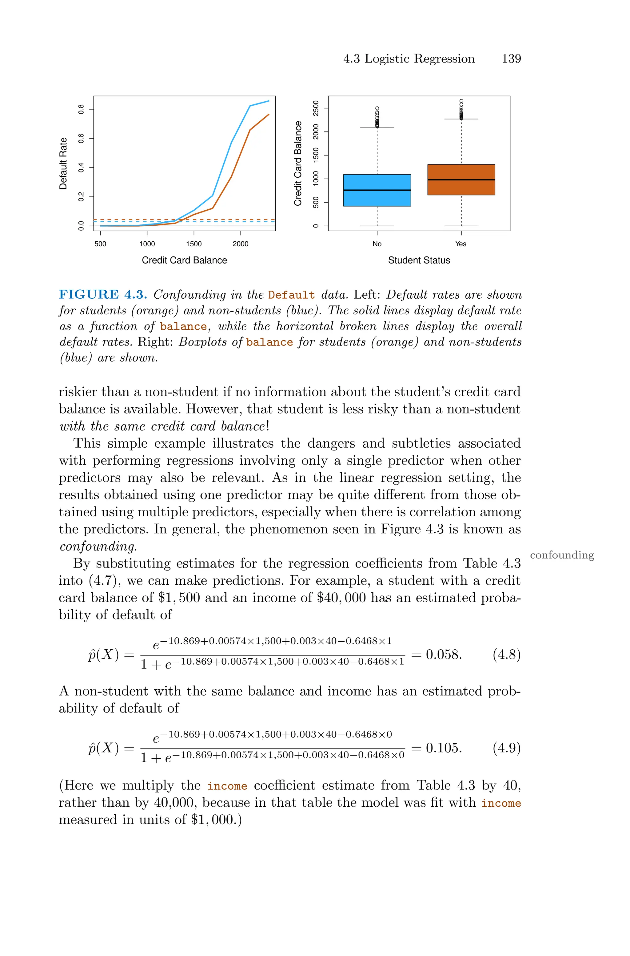 4.3 Logistic Regression 139
500 1000 1500 2000
0.0
0.2
0.4
0.6
0.8
Credit Card Balance
Default
Rate
No Yes
0
500
1000
1500
2000
2500
Student Status
Credit
Card
Balance
FIGURE 4.3. Confounding in the Default data. Left: Default rates are shown
for students (orange) and non-students (blue). The solid lines display default rate
as a function of balance, while the horizontal broken lines display the overall
default rates. Right: Boxplots of balance for students (orange) and non-students
(blue) are shown.
riskier than a non-student if no information about the student’s credit card
balance is available. However, that student is less risky than a non-student
with the same credit card balance!
This simple example illustrates the dangers and subtleties associated
with performing regressions involving only a single predictor when other
predictors may also be relevant. As in the linear regression setting, the
results obtained using one predictor may be quite diﬀerent from those ob-
tained using multiple predictors, especially when there is correlation among
the predictors. In general, the phenomenon seen in Figure 4.3 is known as
confounding.
confounding
By substituting estimates for the regression coeﬃcients from Table 4.3
into (4.7), we can make predictions. For example, a student with a credit
card balance of $1, 500 and an income of $40, 000 has an estimated proba-
bility of default of
p̂(X) =
e−10.869+0.00574×1,500+0.003×40−0.6468×1
1 + e−10.869+0.00574×1,500+0.003×40−0.6468×1
= 0.058. (4.8)
A non-student with the same balance and income has an estimated prob-
ability of default of
p̂(X) =
e−10.869+0.00574×1,500+0.003×40−0.6468×0
1 + e−10.869+0.00574×1,500+0.003×40−0.6468×0
= 0.105. (4.9)
(Here we multiply the income coeﬃcient estimate from Table 4.3 by 40,
rather than by 40,000, because in that table the model was fit with income
measured in units of $1, 000.)
 