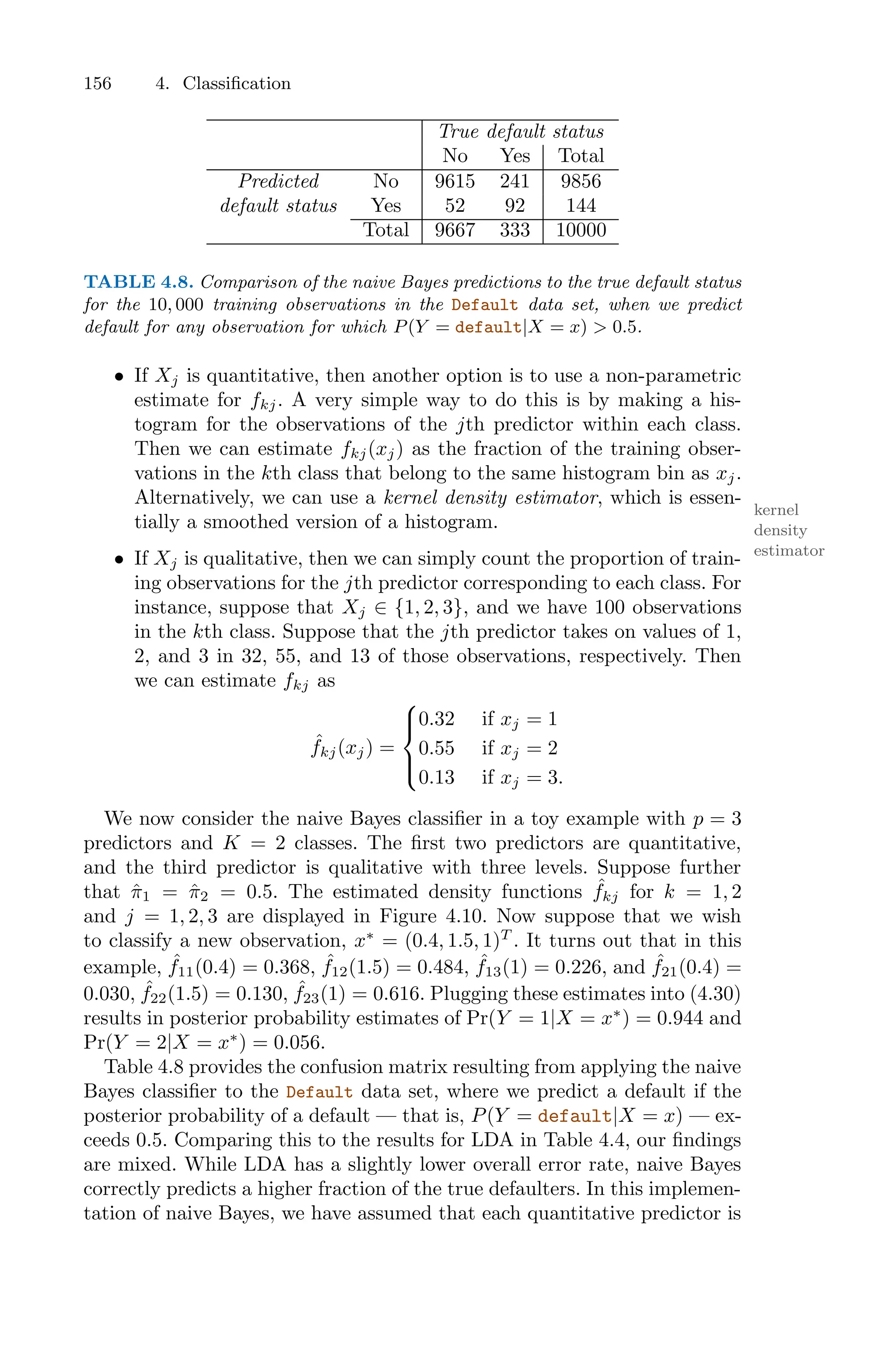 156 4. Classification
True default status
No Yes Total
Predicted No 9615 241 9856
default status Yes 52 92 144
Total 9667 333 10000
TABLE 4.8. Comparison of the naive Bayes predictions to the true default status
for the 10, 000 training observations in the Default data set, when we predict
default for any observation for which P(Y = default|X = x) > 0.5.
• If Xj is quantitative, then another option is to use a non-parametric
estimate for fkj. A very simple way to do this is by making a his-
togram for the observations of the jth predictor within each class.
Then we can estimate fkj(xj) as the fraction of the training obser-
vations in the kth class that belong to the same histogram bin as xj.
Alternatively, we can use a kernel density estimator, which is essen-
kernel
density
estimator
tially a smoothed version of a histogram.
• If Xj is qualitative, then we can simply count the proportion of train-
ing observations for the jth predictor corresponding to each class. For
instance, suppose that Xj ∈ {1, 2, 3}, and we have 100 observations
in the kth class. Suppose that the jth predictor takes on values of 1,
2, and 3 in 32, 55, and 13 of those observations, respectively. Then
we can estimate fkj as
ˆ
fkj(xj) =
⎧
⎪
⎨
⎪
⎩
0.32 if xj = 1
0.55 if xj = 2
0.13 if xj = 3.
We now consider the naive Bayes classifier in a toy example with p = 3
predictors and K = 2 classes. The first two predictors are quantitative,
and the third predictor is qualitative with three levels. Suppose further
that π̂1 = π̂2 = 0.5. The estimated density functions ˆ
fkj for k = 1, 2
and j = 1, 2, 3 are displayed in Figure 4.10. Now suppose that we wish
to classify a new observation, x∗
= (0.4, 1.5, 1)T
. It turns out that in this
example, ˆ
f11(0.4) = 0.368, ˆ
f12(1.5) = 0.484, ˆ
f13(1) = 0.226, and ˆ
f21(0.4) =
0.030, ˆ
f22(1.5) = 0.130, ˆ
f23(1) = 0.616. Plugging these estimates into (4.30)
results in posterior probability estimates of Pr(Y = 1|X = x∗
) = 0.944 and
Pr(Y = 2|X = x∗
) = 0.056.
Table 4.8 provides the confusion matrix resulting from applying the naive
Bayes classifier to the Default data set, where we predict a default if the
posterior probability of a default — that is, P(Y = default|X = x) — ex-
ceeds 0.5. Comparing this to the results for LDA in Table 4.4, our findings
are mixed. While LDA has a slightly lower overall error rate, naive Bayes
correctly predicts a higher fraction of the true defaulters. In this implemen-
tation of naive Bayes, we have assumed that each quantitative predictor is
 