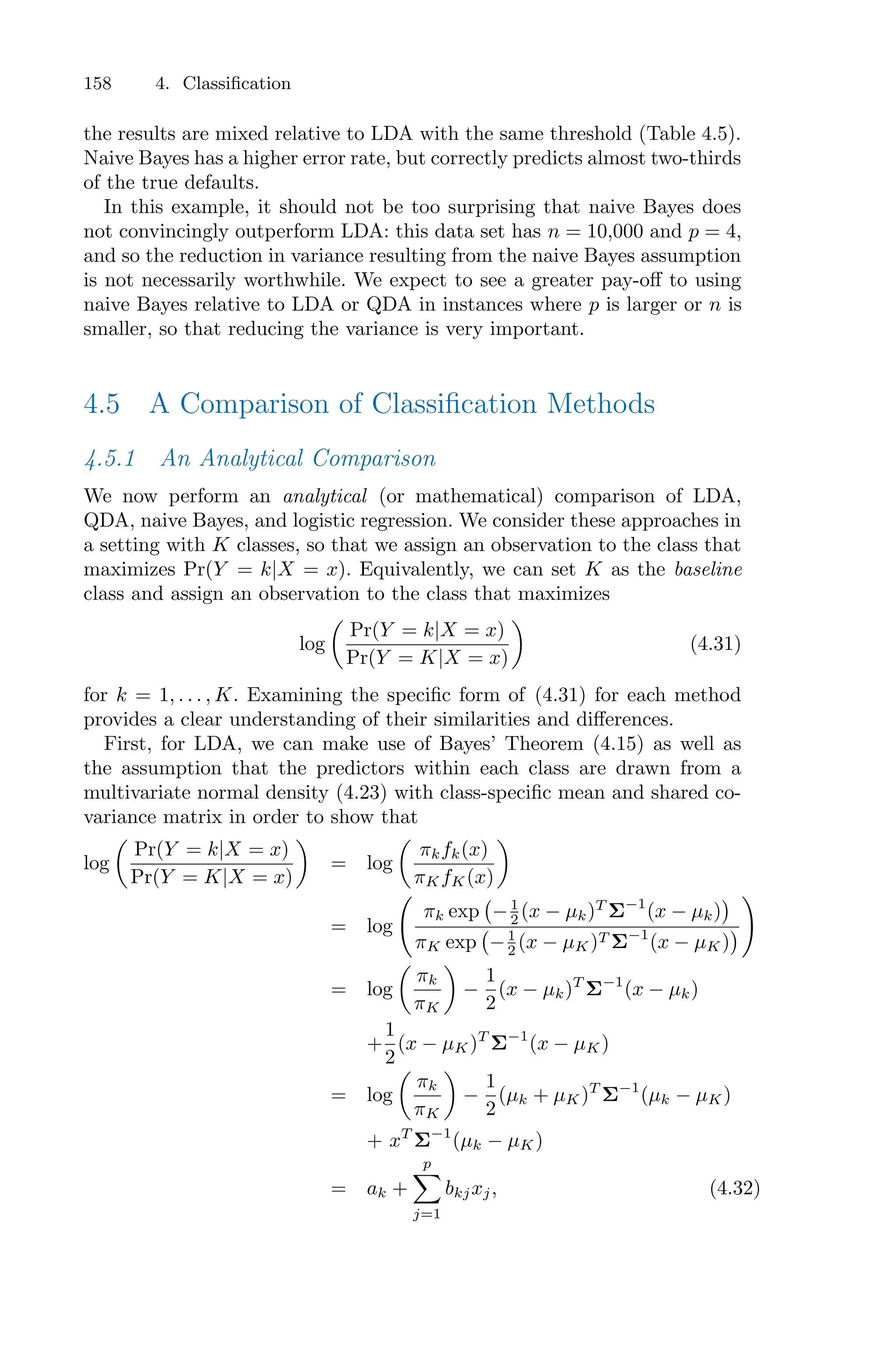 158 4. Classification
the results are mixed relative to LDA with the same threshold (Table 4.5).
Naive Bayes has a higher error rate, but correctly predicts almost two-thirds
of the true defaults.
In this example, it should not be too surprising that naive Bayes does
not convincingly outperform LDA: this data set has n = 10,000 and p = 4,
and so the reduction in variance resulting from the naive Bayes assumption
is not necessarily worthwhile. We expect to see a greater pay-oﬀ to using
naive Bayes relative to LDA or QDA in instances where p is larger or n is
smaller, so that reducing the variance is very important.
4.5 A Comparison of Classification Methods
4.5.1 An Analytical Comparison
We now perform an analytical (or mathematical) comparison of LDA,
QDA, naive Bayes, and logistic regression. We consider these approaches in
a setting with K classes, so that we assign an observation to the class that
maximizes Pr(Y = k|X = x). Equivalently, we can set K as the baseline
class and assign an observation to the class that maximizes
log
*
Pr(Y = k|X = x)
Pr(Y = K|X = x)
+
(4.31)
for k = 1, . . . , K. Examining the specific form of (4.31) for each method
provides a clear understanding of their similarities and diﬀerences.
First, for LDA, we can make use of Bayes’ Theorem (4.15) as well as
the assumption that the predictors within each class are drawn from a
multivariate normal density (4.23) with class-specific mean and shared co-
variance matrix in order to show that
log
*
Pr(Y = k|X = x)
Pr(Y = K|X = x)
+
= log
*
πkfk(x)
πKfK(x)
+
= log
>
πk exp
'
−1
2 (x − µk)T
Σ−1
(x − µk)
(
πK exp
'
−1
2 (x − µK)T Σ−1
(x − µK)
(
?
= log
*
πk
πK
+
−
1
2
(x − µk)T
Σ−1
(x − µk)
+
1
2
(x − µK)T
Σ−1
(x − µK)
= log
*
πk
πK
+
−
1
2
(µk + µK)T
Σ−1
(µk − µK)
+ xT
Σ−1
(µk − µK)
= ak +
p
0
j=1
bkjxj, (4.32)
 