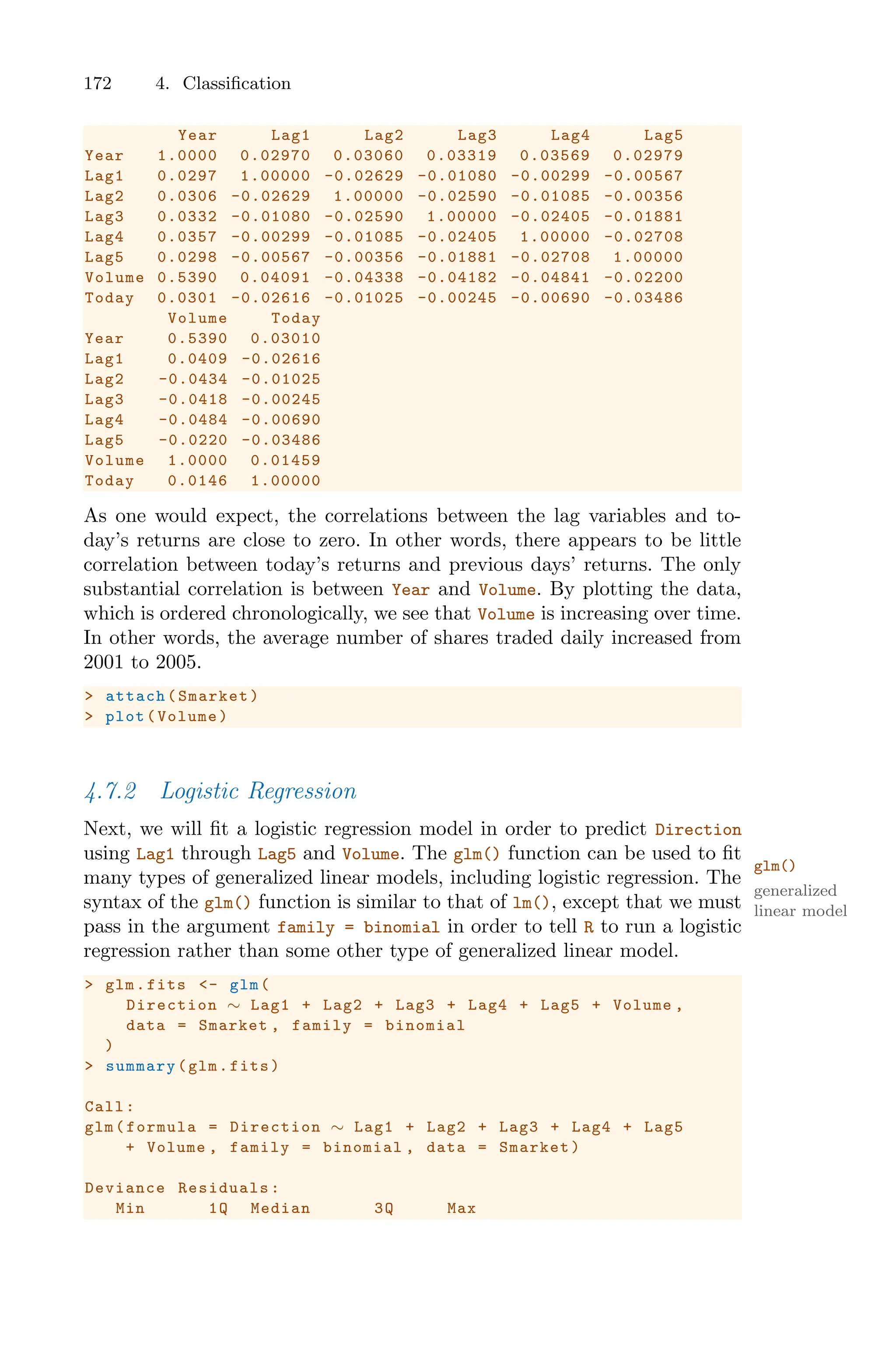 172 4. Classification
Year Lag1 Lag2 Lag3 Lag4 Lag5
Year 1.0000 0.02970 0.03060 0.03319 0.03569 0.02979
Lag1 0.0297 1.00000 -0.02629 -0.01080 -0.00299 -0.00567
Lag2 0.0306 -0.02629 1.00000 -0.02590 -0.01085 -0.00356
Lag3 0.0332 -0.01080 -0.02590 1.00000 -0.02405 -0.01881
Lag4 0.0357 -0.00299 -0.01085 -0.02405 1.00000 -0.02708
Lag5 0.0298 -0.00567 -0.00356 -0.01881 -0.02708 1.00000
Volume 0.5390 0.04091 -0.04338 -0.04182 -0.04841 -0.02200
Today 0.0301 -0.02616 -0.01025 -0.00245 -0.00690 -0.03486
Volume Today
Year 0.5390 0.03010
Lag1 0.0409 -0.02616
Lag2 -0.0434 -0.01025
Lag3 -0.0418 -0.00245
Lag4 -0.0484 -0.00690
Lag5 -0.0220 -0.03486
Volume 1.0000 0.01459
Today 0.0146 1.00000
As one would expect, the correlations between the lag variables and to-
day’s returns are close to zero. In other words, there appears to be little
correlation between today’s returns and previous days’ returns. The only
substantial correlation is between Year and Volume. By plotting the data,
which is ordered chronologically, we see that Volume is increasing over time.
In other words, the average number of shares traded daily increased from
2001 to 2005.
> attach(Smarket)
> plot(Volume)
4.7.2 Logistic Regression
Next, we will fit a logistic regression model in order to predict Direction
using Lag1 through Lag5 and Volume. The glm() function can be used to fit
glm()
many types of generalized linear models, including logistic regression. The
generalized
linear model
syntax of the glm() function is similar to that of lm(), except that we must
pass in the argument family = binomial in order to tell R to run a logistic
regression rather than some other type of generalized linear model.
> glm.fits <- glm(
Direction ∼ Lag1 + Lag2 + Lag3 + Lag4 + Lag5 + Volume ,
data = Smarket , family = binomial
)
> summary(glm.fits)
Call:
glm(formula = Direction ∼ Lag1 + Lag2 + Lag3 + Lag4 + Lag5
+ Volume , family = binomial , data = Smarket)
Deviance Residuals:
Min 1Q Median 3Q Max
 