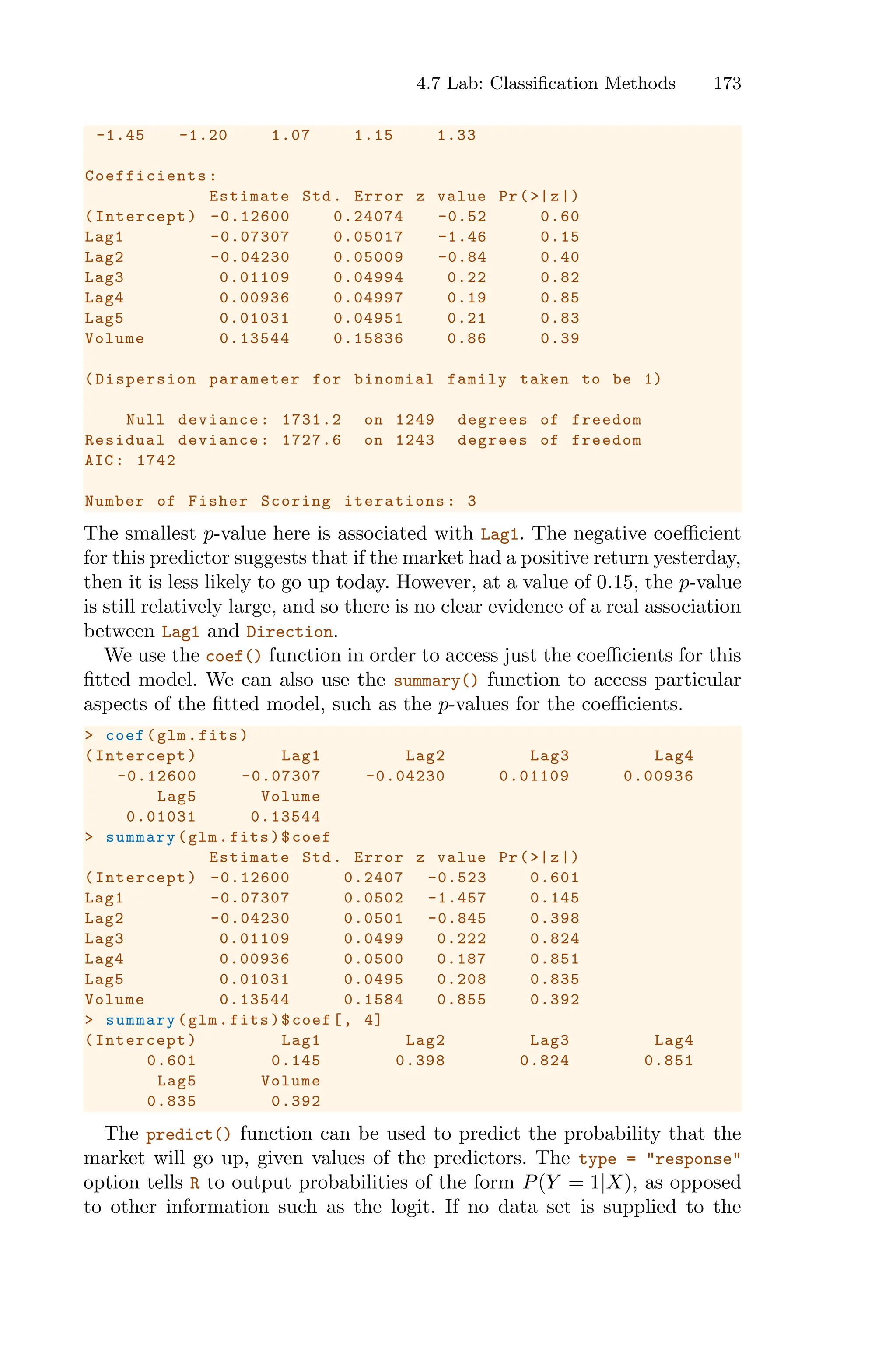 4.7 Lab: Classification Methods 173
-1.45 -1.20 1.07 1.15 1.33
Coefficients :
Estimate Std. Error z value Pr(>|z|)
(Intercept) -0.12600 0.24074 -0.52 0.60
Lag1 -0.07307 0.05017 -1.46 0.15
Lag2 -0.04230 0.05009 -0.84 0.40
Lag3 0.01109 0.04994 0.22 0.82
Lag4 0.00936 0.04997 0.19 0.85
Lag5 0.01031 0.04951 0.21 0.83
Volume 0.13544 0.15836 0.86 0.39
(Dispersion parameter for binomial family taken to be 1)
Null deviance: 1731.2 on 1249 degrees of freedom
Residual deviance: 1727.6 on 1243 degrees of freedom
AIC: 1742
Number of Fisher Scoring iterations: 3
The smallest p-value here is associated with Lag1. The negative coeﬃcient
for this predictor suggests that if the market had a positive return yesterday,
then it is less likely to go up today. However, at a value of 0.15, the p-value
is still relatively large, and so there is no clear evidence of a real association
between Lag1 and Direction.
We use the coef() function in order to access just the coeﬃcients for this
fitted model. We can also use the summary() function to access particular
aspects of the fitted model, such as the p-values for the coeﬃcients.
> coef(glm.fits)
(Intercept) Lag1 Lag2 Lag3 Lag4
-0.12600 -0.07307 -0.04230 0.01109 0.00936
Lag5 Volume
0.01031 0.13544
> summary(glm.fits)$coef
Estimate Std. Error z value Pr(>|z|)
(Intercept) -0.12600 0.2407 -0.523 0.601
Lag1 -0.07307 0.0502 -1.457 0.145
Lag2 -0.04230 0.0501 -0.845 0.398
Lag3 0.01109 0.0499 0.222 0.824
Lag4 0.00936 0.0500 0.187 0.851
Lag5 0.01031 0.0495 0.208 0.835
Volume 0.13544 0.1584 0.855 0.392
> summary(glm.fits)$coef[, 4]
(Intercept) Lag1 Lag2 Lag3 Lag4
0.601 0.145 0.398 0.824 0.851
Lag5 Volume
0.835 0.392
The predict() function can be used to predict the probability that the
market will go up, given values of the predictors. The type = "response"
option tells R to output probabilities of the form P(Y = 1|X), as opposed
to other information such as the logit. If no data set is supplied to the
 