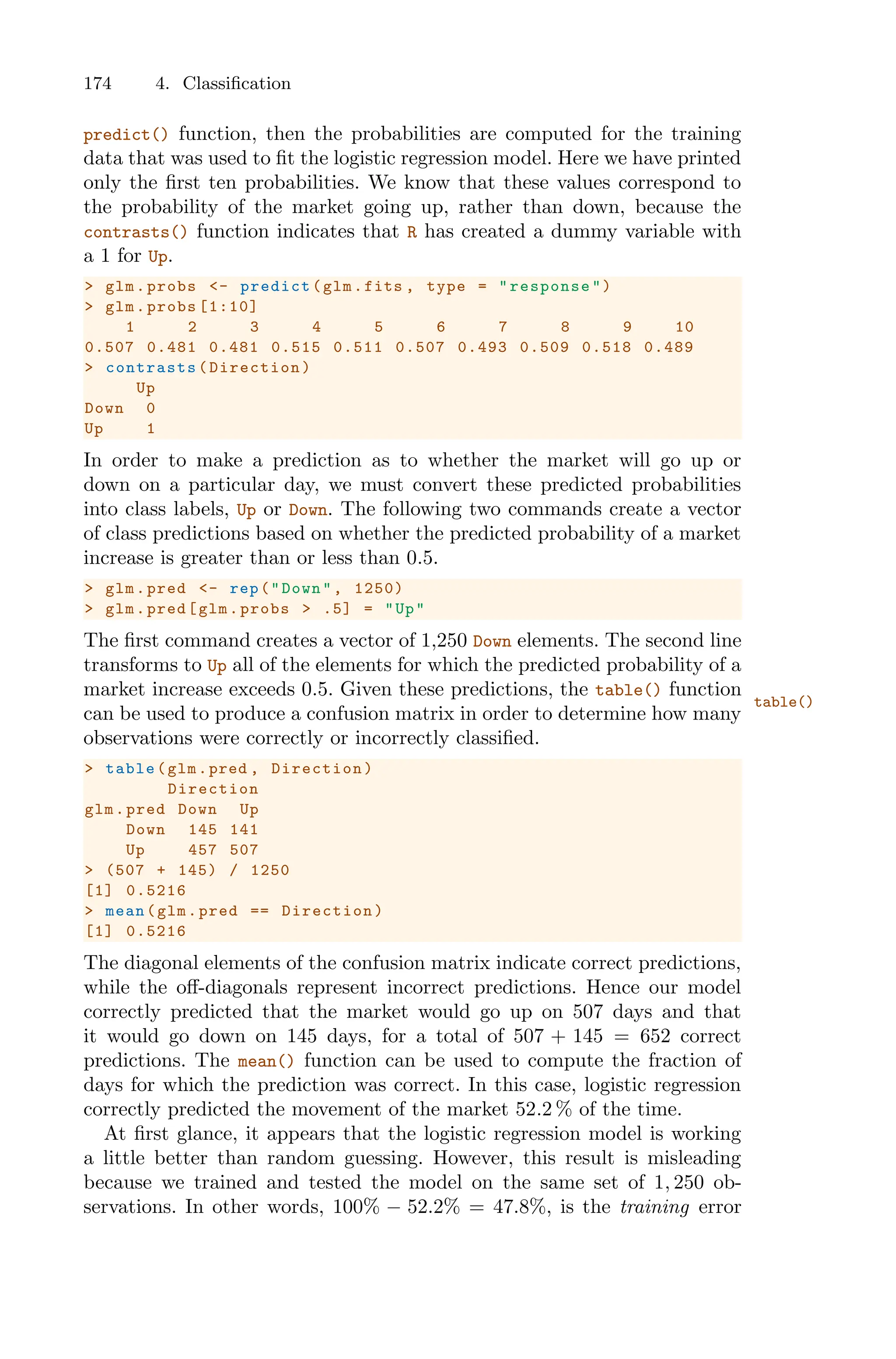 174 4. Classification
predict() function, then the probabilities are computed for the training
data that was used to fit the logistic regression model. Here we have printed
only the first ten probabilities. We know that these values correspond to
the probability of the market going up, rather than down, because the
contrasts() function indicates that R has created a dummy variable with
a 1 for Up.
> glm.probs <- predict(glm.fits , type = "response ")
> glm.probs [1:10]
1 2 3 4 5 6 7 8 9 10
0.507 0.481 0.481 0.515 0.511 0.507 0.493 0.509 0.518 0.489
> contrasts (Direction)
Up
Down 0
Up 1
In order to make a prediction as to whether the market will go up or
down on a particular day, we must convert these predicted probabilities
into class labels, Up or Down. The following two commands create a vector
of class predictions based on whether the predicted probability of a market
increase is greater than or less than 0.5.
> glm.pred <- rep("Down", 1250)
> glm.pred[glm.probs > .5] = "Up"
The first command creates a vector of 1,250 Down elements. The second line
transforms to Up all of the elements for which the predicted probability of a
market increase exceeds 0.5. Given these predictions, the table() function
table()
can be used to produce a confusion matrix in order to determine how many
observations were correctly or incorrectly classified.
> table(glm.pred , Direction)
Direction
glm.pred Down Up
Down 145 141
Up 457 507
> (507 + 145) / 1250
[1] 0.5216
> mean(glm.pred == Direction)
[1] 0.5216
The diagonal elements of the confusion matrix indicate correct predictions,
while the oﬀ-diagonals represent incorrect predictions. Hence our model
correctly predicted that the market would go up on 507 days and that
it would go down on 145 days, for a total of 507 + 145 = 652 correct
predictions. The mean() function can be used to compute the fraction of
days for which the prediction was correct. In this case, logistic regression
correctly predicted the movement of the market 52.2 % of the time.
At first glance, it appears that the logistic regression model is working
a little better than random guessing. However, this result is misleading
because we trained and tested the model on the same set of 1, 250 ob-
servations. In other words, 100% − 52.2% = 47.8%, is the training error
 