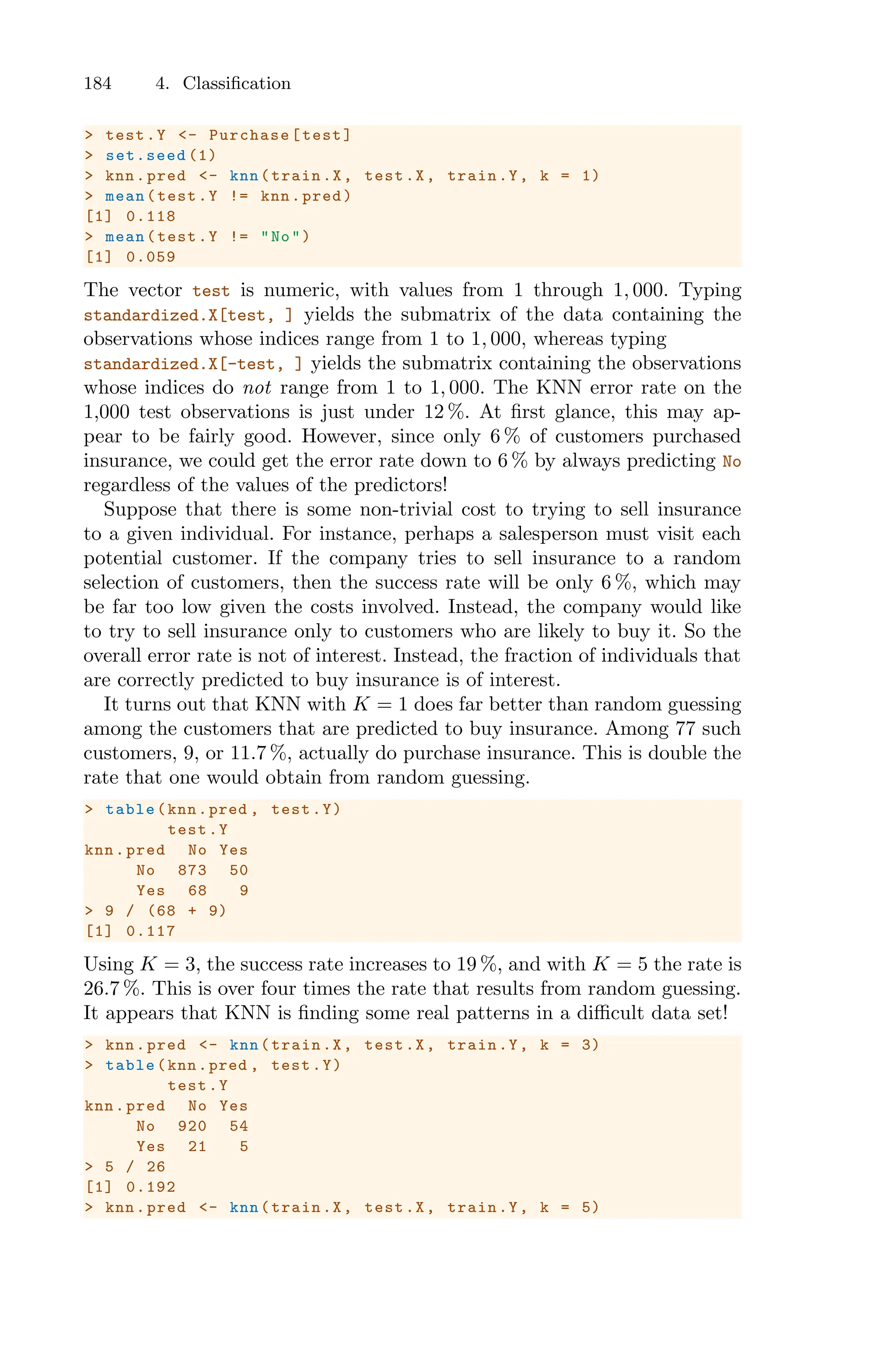 184 4. Classification
> test.Y <- Purchase[test]
> set.seed (1)
> knn.pred <- knn(train.X, test.X, train.Y, k = 1)
> mean(test.Y != knn.pred)
[1] 0.118
> mean(test.Y != "No")
[1] 0.059
The vector test is numeric, with values from 1 through 1, 000. Typing
standardized.X[test, ] yields the submatrix of the data containing the
observations whose indices range from 1 to 1, 000, whereas typing
standardized.X[-test, ] yields the submatrix containing the observations
whose indices do not range from 1 to 1, 000. The KNN error rate on the
1,000 test observations is just under 12 %. At first glance, this may ap-
pear to be fairly good. However, since only 6 % of customers purchased
insurance, we could get the error rate down to 6 % by always predicting No
regardless of the values of the predictors!
Suppose that there is some non-trivial cost to trying to sell insurance
to a given individual. For instance, perhaps a salesperson must visit each
potential customer. If the company tries to sell insurance to a random
selection of customers, then the success rate will be only 6 %, which may
be far too low given the costs involved. Instead, the company would like
to try to sell insurance only to customers who are likely to buy it. So the
overall error rate is not of interest. Instead, the fraction of individuals that
are correctly predicted to buy insurance is of interest.
It turns out that KNN with K = 1 does far better than random guessing
among the customers that are predicted to buy insurance. Among 77 such
customers, 9, or 11.7 %, actually do purchase insurance. This is double the
rate that one would obtain from random guessing.
> table(knn.pred , test.Y)
test.Y
knn.pred No Yes
No 873 50
Yes 68 9
> 9 / (68 + 9)
[1] 0.117
Using K = 3, the success rate increases to 19 %, and with K = 5 the rate is
26.7 %. This is over four times the rate that results from random guessing.
It appears that KNN is finding some real patterns in a diﬃcult data set!
> knn.pred <- knn(train.X, test.X, train.Y, k = 3)
> table(knn.pred , test.Y)
test.Y
knn.pred No Yes
No 920 54
Yes 21 5
> 5 / 26
[1] 0.192
> knn.pred <- knn(train.X, test.X, train.Y, k = 5)
 