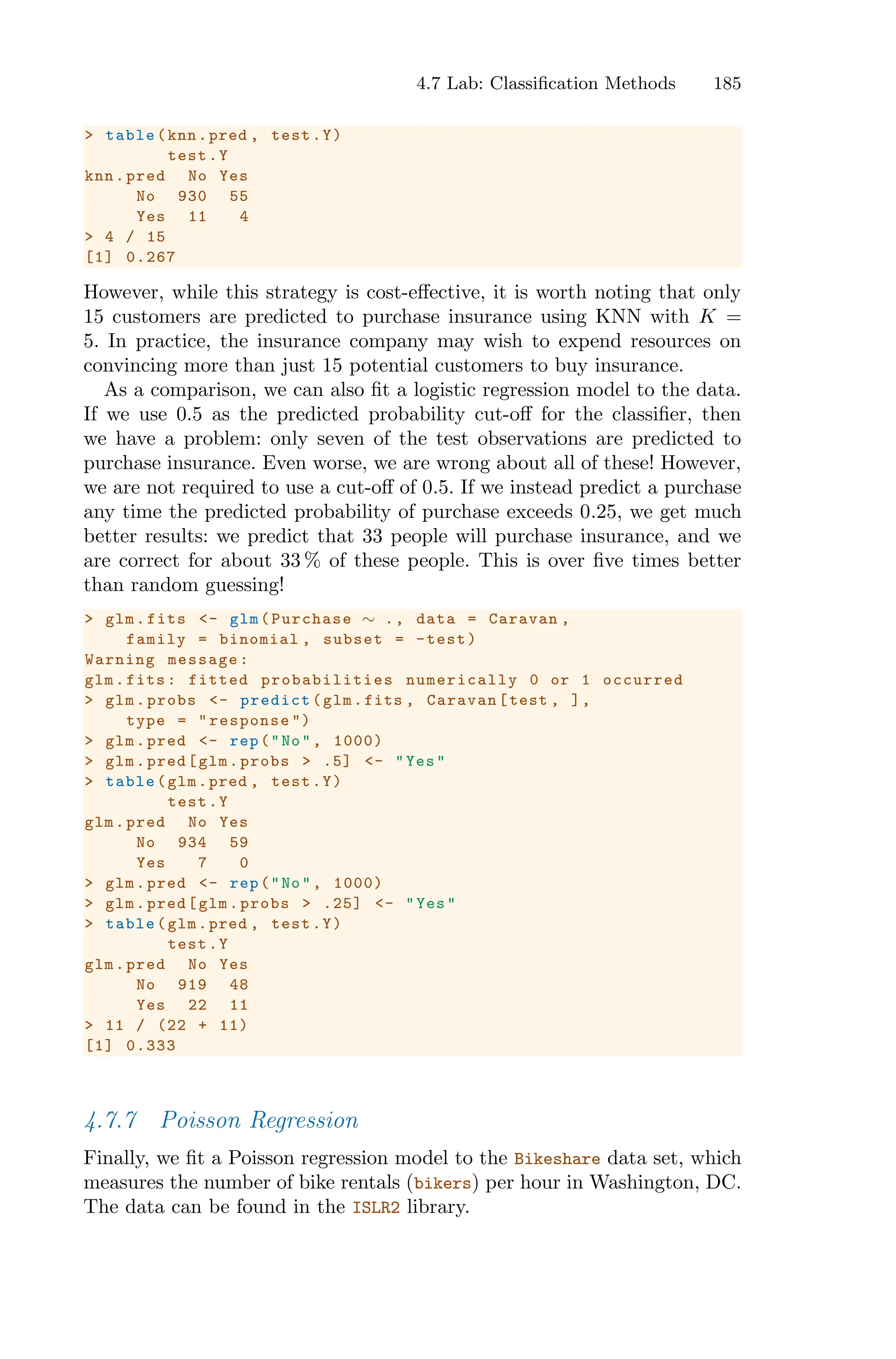 4.7 Lab: Classification Methods 185
> table(knn.pred , test.Y)
test.Y
knn.pred No Yes
No 930 55
Yes 11 4
> 4 / 15
[1] 0.267
However, while this strategy is cost-eﬀective, it is worth noting that only
15 customers are predicted to purchase insurance using KNN with K =
5. In practice, the insurance company may wish to expend resources on
convincing more than just 15 potential customers to buy insurance.
As a comparison, we can also fit a logistic regression model to the data.
If we use 0.5 as the predicted probability cut-oﬀ for the classifier, then
we have a problem: only seven of the test observations are predicted to
purchase insurance. Even worse, we are wrong about all of these! However,
we are not required to use a cut-oﬀ of 0.5. If we instead predict a purchase
any time the predicted probability of purchase exceeds 0.25, we get much
better results: we predict that 33 people will purchase insurance, and we
are correct for about 33 % of these people. This is over five times better
than random guessing!
> glm.fits <- glm(Purchase ∼ ., data = Caravan ,
family = binomial , subset = -test)
Warning message:
glm.fits: fitted probabilities numerically 0 or 1 occurred
> glm.probs <- predict(glm.fits , Caravan[test , ],
type = "response ")
> glm.pred <- rep("No", 1000)
> glm.pred[glm.probs > .5] <- "Yes"
> table(glm.pred , test.Y)
test.Y
glm.pred No Yes
No 934 59
Yes 7 0
> glm.pred <- rep("No", 1000)
> glm.pred[glm.probs > .25] <- "Yes"
> table(glm.pred , test.Y)
test.Y
glm.pred No Yes
No 919 48
Yes 22 11
> 11 / (22 + 11)
[1] 0.333
4.7.7 Poisson Regression
Finally, we fit a Poisson regression model to the Bikeshare data set, which
measures the number of bike rentals (bikers) per hour in Washington, DC.
The data can be found in the ISLR2 library.
 