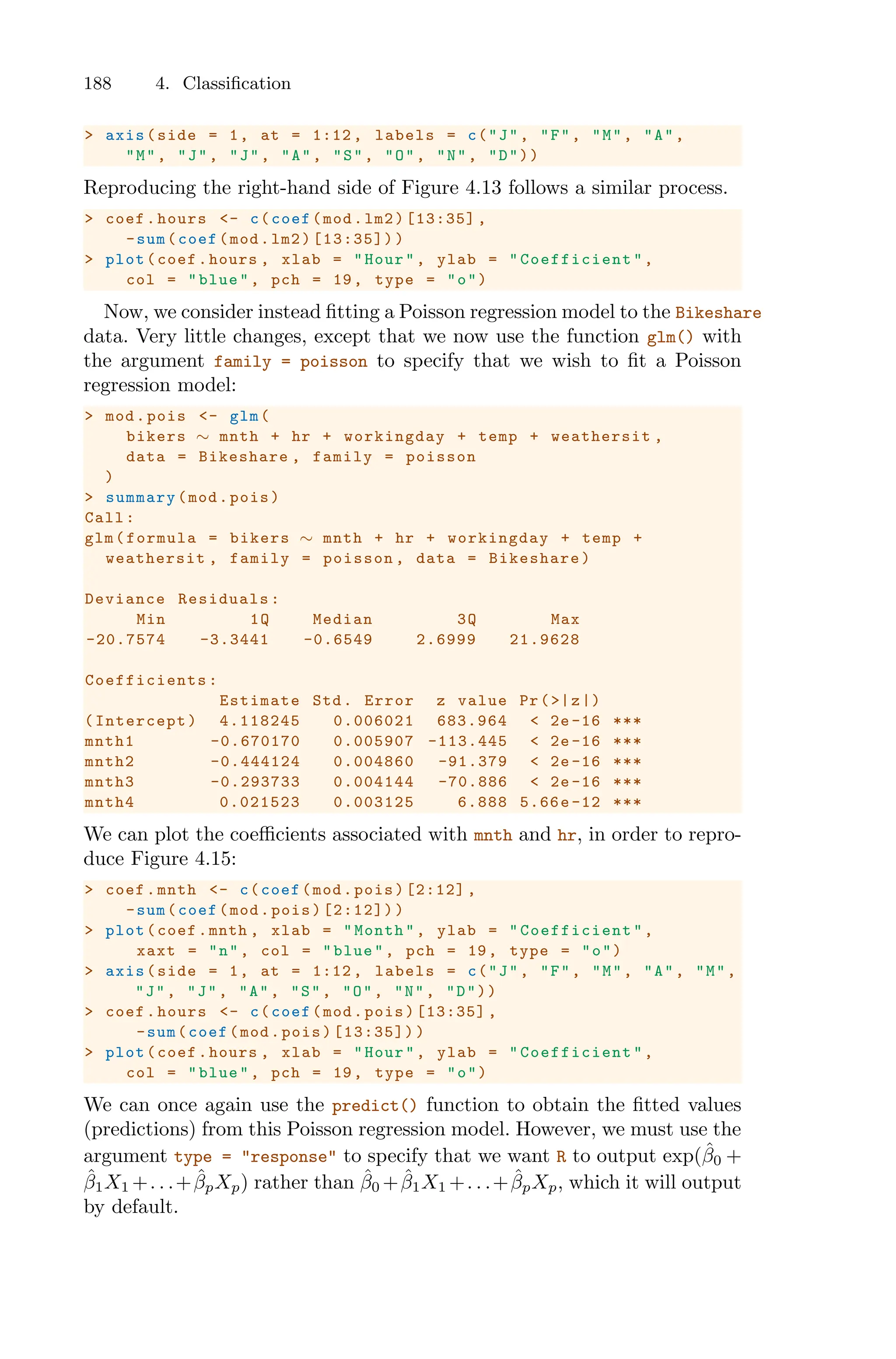 188 4. Classification
> axis(side = 1, at = 1:12 , labels = c("J", "F", "M", "A",
"M", "J", "J", "A", "S", "O", "N", "D"))
Reproducing the right-hand side of Figure 4.13 follows a similar process.
> coef.hours <- c(coef(mod.lm2)[13:35] ,
-sum(coef(mod.lm2)[13:35]))
> plot(coef.hours , xlab = "Hour", ylab = " Coefficient ",
col = "blue", pch = 19, type = "o")
Now, we consider instead fitting a Poisson regression model to the Bikeshare
data. Very little changes, except that we now use the function glm() with
the argument family = poisson to specify that we wish to fit a Poisson
regression model:
> mod.pois <- glm(
bikers ∼ mnth + hr + workingday + temp + weathersit ,
data = Bikeshare , family = poisson
)
> summary(mod.pois)
Call:
glm(formula = bikers ∼ mnth + hr + workingday + temp +
weathersit , family = poisson , data = Bikeshare)
Deviance Residuals:
Min 1Q Median 3Q Max
-20.7574 -3.3441 -0.6549 2.6999 21.9628
Coefficients :
Estimate Std. Error z value Pr(>|z|)
(Intercept) 4.118245 0.006021 683.964 < 2e -16 ***
mnth1 -0.670170 0.005907 -113.445 < 2e-16 ***
mnth2 -0.444124 0.004860 -91.379 < 2e -16 ***
mnth3 -0.293733 0.004144 -70.886 < 2e -16 ***
mnth4 0.021523 0.003125 6.888 5.66e-12 ***
We can plot the coeﬃcients associated with mnth and hr, in order to repro-
duce Figure 4.15:
> coef.mnth <- c(coef(mod.pois)[2:12] ,
-sum(coef(mod.pois)[2:12]))
> plot(coef.mnth , xlab = "Month", ylab = " Coefficient ",
xaxt = "n", col = "blue", pch = 19, type = "o")
> axis(side = 1, at = 1:12 , labels = c("J", "F", "M", "A", "M",
"J", "J", "A", "S", "O", "N", "D"))
> coef.hours <- c(coef(mod.pois)[13:35] ,
-sum(coef(mod.pois)[13:35]))
> plot(coef.hours , xlab = "Hour", ylab = " Coefficient ",
col = "blue", pch = 19, type = "o")
We can once again use the predict() function to obtain the fitted values
(predictions) from this Poisson regression model. However, we must use the
argument type = "response" to specify that we want R to output exp(β̂0 +
β̂1X1 +. . .+β̂pXp) rather than β̂0 +β̂1X1 +. . .+β̂pXp, which it will output
by default.
 