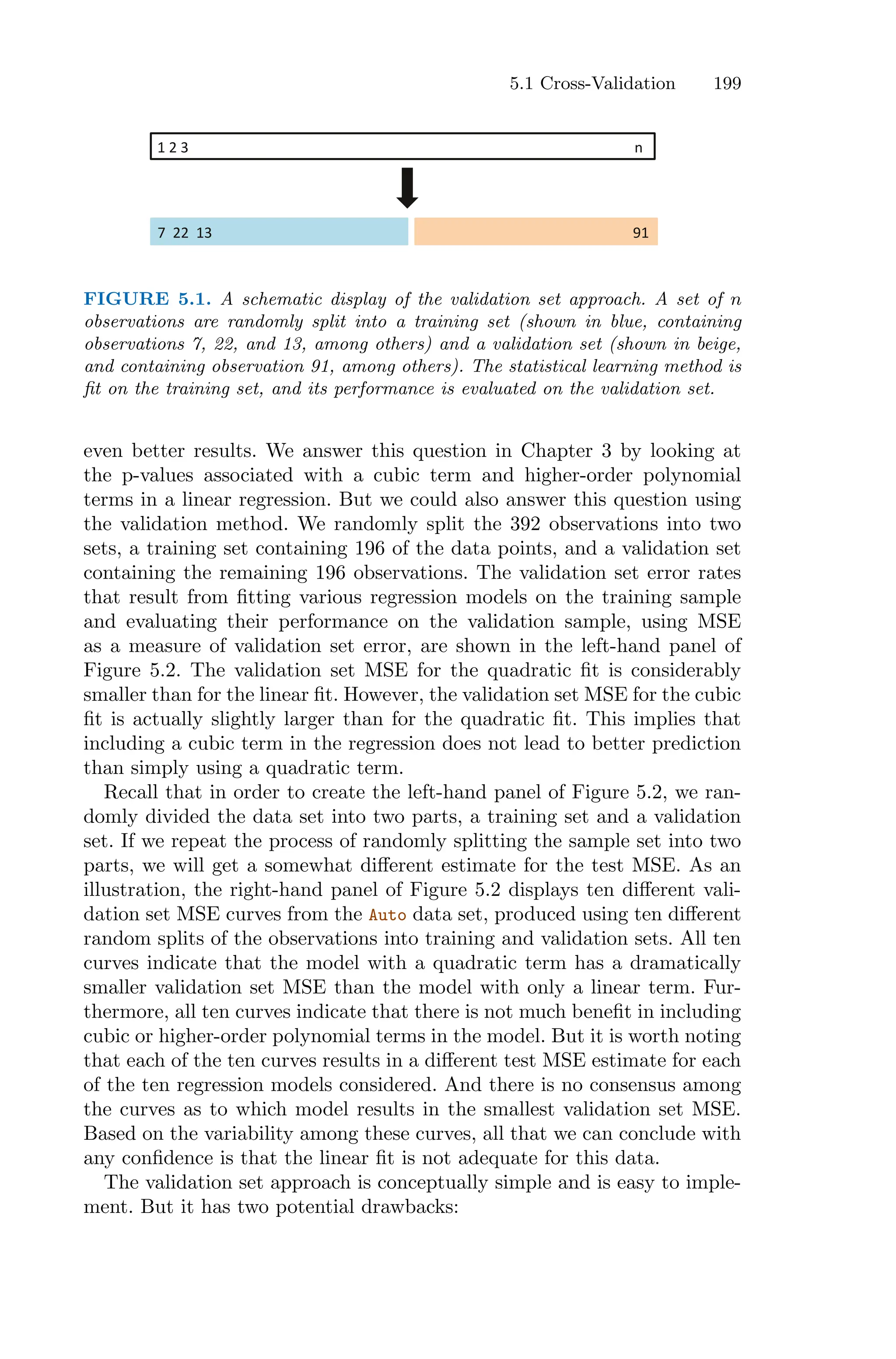 5.1 Cross-Validation 199
!"#"$""""""""""""""""""""""""""""""""""""""""""""""""""""""""""""""""""""""""""""""""""""""""""""""""""""""""""""""""""""""""""""%"
&""##""!$"""""""""""""""""""""""""""""""""""""""""""""""""""""""""""""""""""""""""""""""""""""""""""""""""""""""""""""""""""""'!"
FIGURE 5.1. A schematic display of the validation set approach. A set of n
observations are randomly split into a training set (shown in blue, containing
observations 7, 22, and 13, among others) and a validation set (shown in beige,
and containing observation 91, among others). The statistical learning method is
fit on the training set, and its performance is evaluated on the validation set.
even better results. We answer this question in Chapter 3 by looking at
the p-values associated with a cubic term and higher-order polynomial
terms in a linear regression. But we could also answer this question using
the validation method. We randomly split the 392 observations into two
sets, a training set containing 196 of the data points, and a validation set
containing the remaining 196 observations. The validation set error rates
that result from fitting various regression models on the training sample
and evaluating their performance on the validation sample, using MSE
as a measure of validation set error, are shown in the left-hand panel of
Figure 5.2. The validation set MSE for the quadratic fit is considerably
smaller than for the linear fit. However, the validation set MSE for the cubic
fit is actually slightly larger than for the quadratic fit. This implies that
including a cubic term in the regression does not lead to better prediction
than simply using a quadratic term.
Recall that in order to create the left-hand panel of Figure 5.2, we ran-
domly divided the data set into two parts, a training set and a validation
set. If we repeat the process of randomly splitting the sample set into two
parts, we will get a somewhat diﬀerent estimate for the test MSE. As an
illustration, the right-hand panel of Figure 5.2 displays ten diﬀerent vali-
dation set MSE curves from the Auto data set, produced using ten diﬀerent
random splits of the observations into training and validation sets. All ten
curves indicate that the model with a quadratic term has a dramatically
smaller validation set MSE than the model with only a linear term. Fur-
thermore, all ten curves indicate that there is not much benefit in including
cubic or higher-order polynomial terms in the model. But it is worth noting
that each of the ten curves results in a diﬀerent test MSE estimate for each
of the ten regression models considered. And there is no consensus among
the curves as to which model results in the smallest validation set MSE.
Based on the variability among these curves, all that we can conclude with
any confidence is that the linear fit is not adequate for this data.
The validation set approach is conceptually simple and is easy to imple-
ment. But it has two potential drawbacks:
 