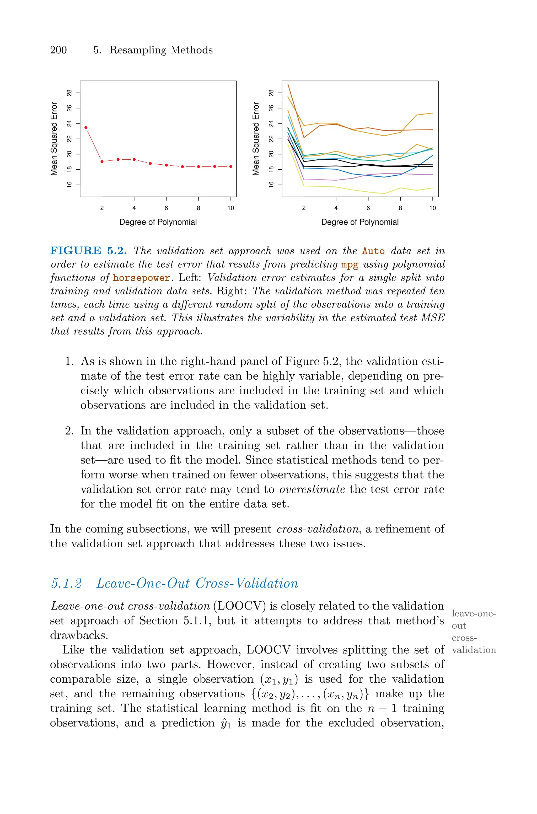 200 5. Resampling Methods
2 4 6 8 10
16
18
20
22
24
26
28
Degree of Polynomial
Mean
Squared
Error
2 4 6 8 10
16
18
20
22
24
26
28
Degree of Polynomial
Mean
Squared
Error
FIGURE 5.2. The validation set approach was used on the Auto data set in
order to estimate the test error that results from predicting mpg using polynomial
functions of horsepower. Left: Validation error estimates for a single split into
training and validation data sets. Right: The validation method was repeated ten
times, each time using a diﬀerent random split of the observations into a training
set and a validation set. This illustrates the variability in the estimated test MSE
that results from this approach.
1. As is shown in the right-hand panel of Figure 5.2, the validation esti-
mate of the test error rate can be highly variable, depending on pre-
cisely which observations are included in the training set and which
observations are included in the validation set.
2. In the validation approach, only a subset of the observations—those
that are included in the training set rather than in the validation
set—are used to fit the model. Since statistical methods tend to per-
form worse when trained on fewer observations, this suggests that the
validation set error rate may tend to overestimate the test error rate
for the model fit on the entire data set.
In the coming subsections, we will present cross-validation, a refinement of
the validation set approach that addresses these two issues.
5.1.2 Leave-One-Out Cross-Validation
Leave-one-out cross-validation (LOOCV) is closely related to the validation
leave-one-
out
cross-
validation
set approach of Section 5.1.1, but it attempts to address that method’s
drawbacks.
Like the validation set approach, LOOCV involves splitting the set of
observations into two parts. However, instead of creating two subsets of
comparable size, a single observation (x1, y1) is used for the validation
set, and the remaining observations {(x2, y2), . . . , (xn, yn)} make up the
training set. The statistical learning method is fit on the n − 1 training
observations, and a prediction ŷ1 is made for the excluded observation,
 