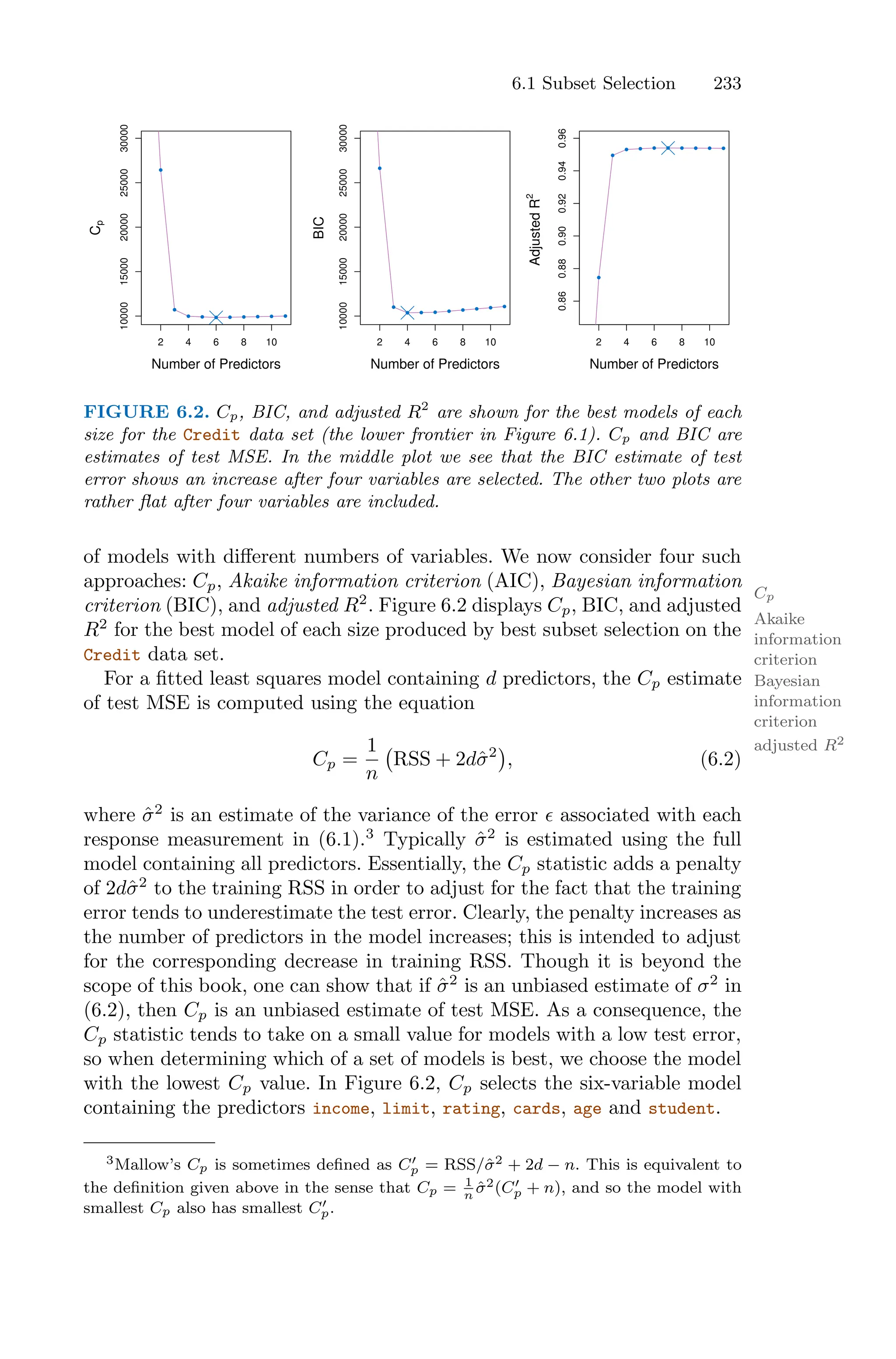 6.1 Subset Selection 233
2 4 6 8 10
10000
15000
20000
25000
30000
Number of Predictors
C
p
2 4 6 8 10
10000
15000
20000
25000
30000
Number of Predictors
BIC
2 4 6 8 10
0.86
0.88
0.90
0.92
0.94
0.96
Number of Predictors
Adjusted
R
2
FIGURE 6.2. Cp, BIC, and adjusted R2
are shown for the best models of each
size for the Credit data set (the lower frontier in Figure 6.1). Cp and BIC are
estimates of test MSE. In the middle plot we see that the BIC estimate of test
error shows an increase after four variables are selected. The other two plots are
rather flat after four variables are included.
of models with diﬀerent numbers of variables. We now consider four such
approaches: Cp, Akaike information criterion (AIC), Bayesian information
Cp
Akaike
information
criterion
criterion (BIC), and adjusted R2
. Figure 6.2 displays Cp, BIC, and adjusted
Bayesian
information
criterion
adjusted R2
R2
for the best model of each size produced by best subset selection on the
Credit data set.
For a fitted least squares model containing d predictors, the Cp estimate
of test MSE is computed using the equation
Cp =
1
n
'
RSS + 2dσ̂2
(
, (6.2)
where σ̂2
is an estimate of the variance of the error ϵ associated with each
response measurement in (6.1).3
Typically σ̂2
is estimated using the full
model containing all predictors. Essentially, the Cp statistic adds a penalty
of 2dσ̂2
to the training RSS in order to adjust for the fact that the training
error tends to underestimate the test error. Clearly, the penalty increases as
the number of predictors in the model increases; this is intended to adjust
for the corresponding decrease in training RSS. Though it is beyond the
scope of this book, one can show that if σ̂2
is an unbiased estimate of σ2
in
(6.2), then Cp is an unbiased estimate of test MSE. As a consequence, the
Cp statistic tends to take on a small value for models with a low test error,
so when determining which of a set of models is best, we choose the model
with the lowest Cp value. In Figure 6.2, Cp selects the six-variable model
containing the predictors income, limit, rating, cards, age and student.
3Mallow’s Cp is sometimes defined as C′
p = RSS/σ̂2 + 2d − n. This is equivalent to
the definition given above in the sense that Cp = 1
n
σ̂2(C′
p + n), and so the model with
smallest Cp also has smallest C′
p.
 