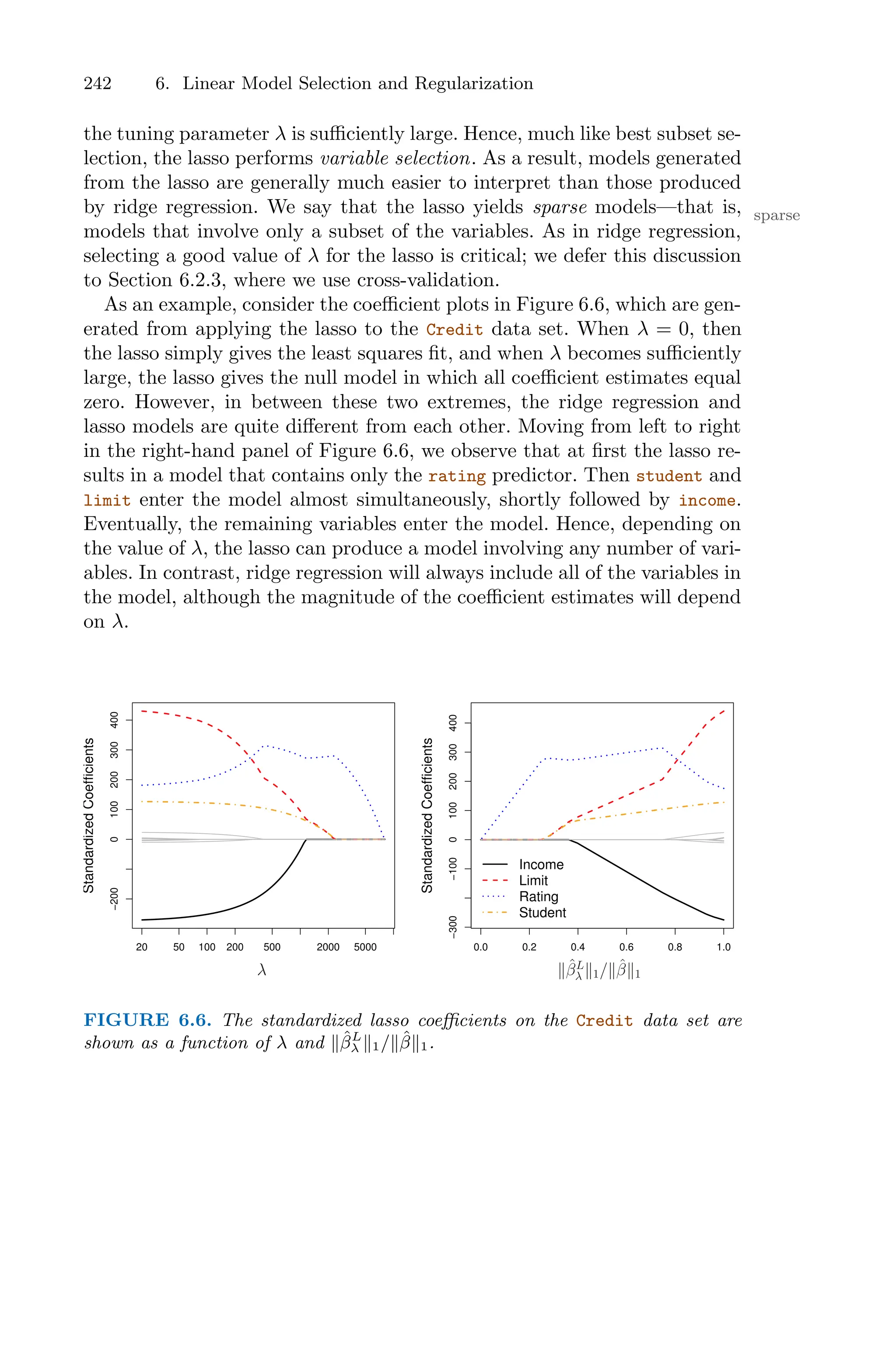 242 6. Linear Model Selection and Regularization
the tuning parameter λ is suﬃciently large. Hence, much like best subset se-
lection, the lasso performs variable selection. As a result, models generated
from the lasso are generally much easier to interpret than those produced
by ridge regression. We say that the lasso yields sparse models—that is, sparse
models that involve only a subset of the variables. As in ridge regression,
selecting a good value of λ for the lasso is critical; we defer this discussion
to Section 6.2.3, where we use cross-validation.
As an example, consider the coeﬃcient plots in Figure 6.6, which are gen-
erated from applying the lasso to the Credit data set. When λ = 0, then
the lasso simply gives the least squares fit, and when λ becomes suﬃciently
large, the lasso gives the null model in which all coeﬃcient estimates equal
zero. However, in between these two extremes, the ridge regression and
lasso models are quite diﬀerent from each other. Moving from left to right
in the right-hand panel of Figure 6.6, we observe that at first the lasso re-
sults in a model that contains only the rating predictor. Then student and
limit enter the model almost simultaneously, shortly followed by income.
Eventually, the remaining variables enter the model. Hence, depending on
the value of λ, the lasso can produce a model involving any number of vari-
ables. In contrast, ridge regression will always include all of the variables in
the model, although the magnitude of the coeﬃcient estimates will depend
on λ.
20 50 100 200 500 2000 5000
−200
0
100
200
300
400
Standardized
Coefficients
0.0 0.2 0.4 0.6 0.8 1.0
−300
−100
0
100
200
300
400
Standardized
Coefficients
Income
Limit
Rating
Student
λ ∥β̂L
λ ∥1/∥β̂∥1
FIGURE 6.6. The standardized lasso coeﬃcients on the Credit data set are
shown as a function of λ and ∥β̂L
λ ∥1/∥β̂∥1.
 
