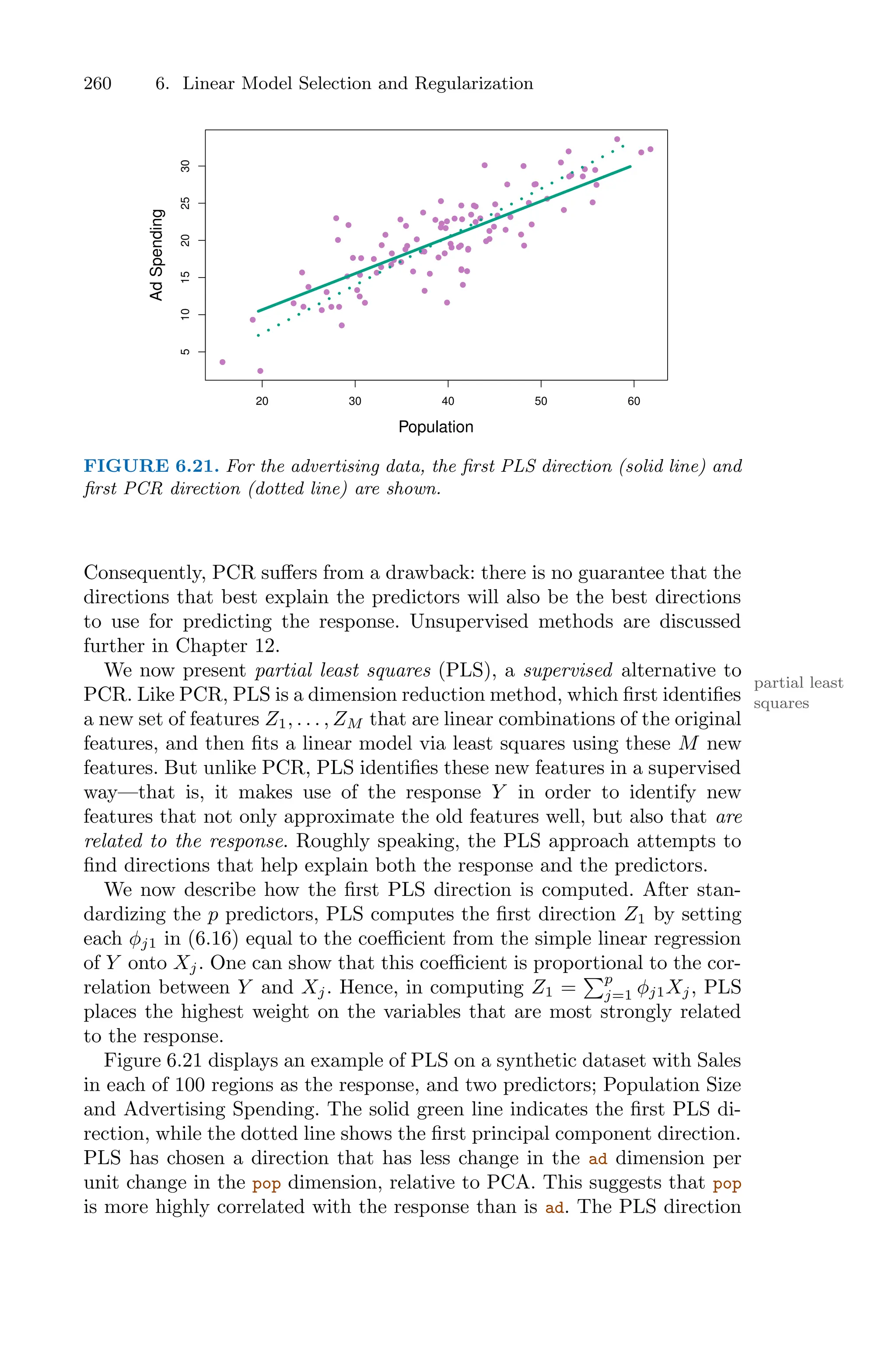 260 6. Linear Model Selection and Regularization
20 30 40 50 60
5
10
15
20
25
30
Population
Ad
Spending
FIGURE 6.21. For the advertising data, the first PLS direction (solid line) and
first PCR direction (dotted line) are shown.
Consequently, PCR suﬀers from a drawback: there is no guarantee that the
directions that best explain the predictors will also be the best directions
to use for predicting the response. Unsupervised methods are discussed
further in Chapter 12.
We now present partial least squares (PLS), a supervised alternative to
partial least
squares
PCR. Like PCR, PLS is a dimension reduction method, which first identifies
a new set of features Z1, . . . , ZM that are linear combinations of the original
features, and then fits a linear model via least squares using these M new
features. But unlike PCR, PLS identifies these new features in a supervised
way—that is, it makes use of the response Y in order to identify new
features that not only approximate the old features well, but also that are
related to the response. Roughly speaking, the PLS approach attempts to
find directions that help explain both the response and the predictors.
We now describe how the first PLS direction is computed. After stan-
dardizing the p predictors, PLS computes the first direction Z1 by setting
each φj1 in (6.16) equal to the coeﬃcient from the simple linear regression
of Y onto Xj. One can show that this coeﬃcient is proportional to the cor-
relation between Y and Xj. Hence, in computing Z1 =
)p
j=1 φj1Xj, PLS
places the highest weight on the variables that are most strongly related
to the response.
Figure 6.21 displays an example of PLS on a synthetic dataset with Sales
in each of 100 regions as the response, and two predictors; Population Size
and Advertising Spending. The solid green line indicates the first PLS di-
rection, while the dotted line shows the first principal component direction.
PLS has chosen a direction that has less change in the ad dimension per
unit change in the pop dimension, relative to PCA. This suggests that pop
is more highly correlated with the response than is ad. The PLS direction
 