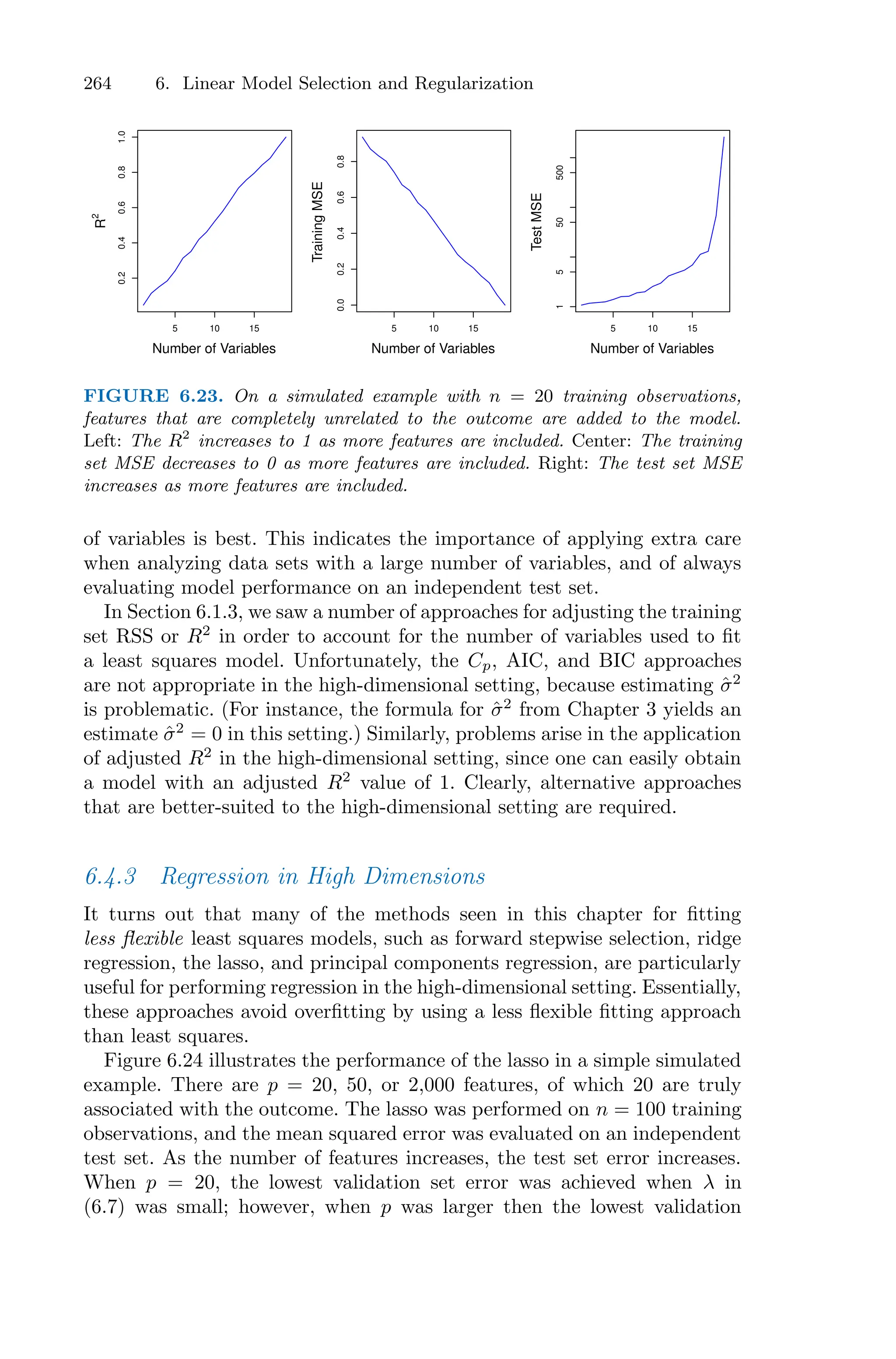 264 6. Linear Model Selection and Regularization
5 10 15
0.2
0.4
0.6
0.8
1.0
Number of Variables
R
2
5 10 15
0.0
0.2
0.4
0.6
0.8
Number of Variables
Training
MSE
5 10 15
1
5
50
500
Number of Variables
Test
MSE
FIGURE 6.23. On a simulated example with n = 20 training observations,
features that are completely unrelated to the outcome are added to the model.
Left: The R2
increases to 1 as more features are included. Center: The training
set MSE decreases to 0 as more features are included. Right: The test set MSE
increases as more features are included.
of variables is best. This indicates the importance of applying extra care
when analyzing data sets with a large number of variables, and of always
evaluating model performance on an independent test set.
In Section 6.1.3, we saw a number of approaches for adjusting the training
set RSS or R2
in order to account for the number of variables used to fit
a least squares model. Unfortunately, the Cp, AIC, and BIC approaches
are not appropriate in the high-dimensional setting, because estimating σ̂2
is problematic. (For instance, the formula for σ̂2
from Chapter 3 yields an
estimate σ̂2
= 0 in this setting.) Similarly, problems arise in the application
of adjusted R2
in the high-dimensional setting, since one can easily obtain
a model with an adjusted R2
value of 1. Clearly, alternative approaches
that are better-suited to the high-dimensional setting are required.
6.4.3 Regression in High Dimensions
It turns out that many of the methods seen in this chapter for fitting
less flexible least squares models, such as forward stepwise selection, ridge
regression, the lasso, and principal components regression, are particularly
useful for performing regression in the high-dimensional setting. Essentially,
these approaches avoid overfitting by using a less flexible fitting approach
than least squares.
Figure 6.24 illustrates the performance of the lasso in a simple simulated
example. There are p = 20, 50, or 2,000 features, of which 20 are truly
associated with the outcome. The lasso was performed on n = 100 training
observations, and the mean squared error was evaluated on an independent
test set. As the number of features increases, the test set error increases.
When p = 20, the lowest validation set error was achieved when λ in
(6.7) was small; however, when p was larger then the lowest validation
 