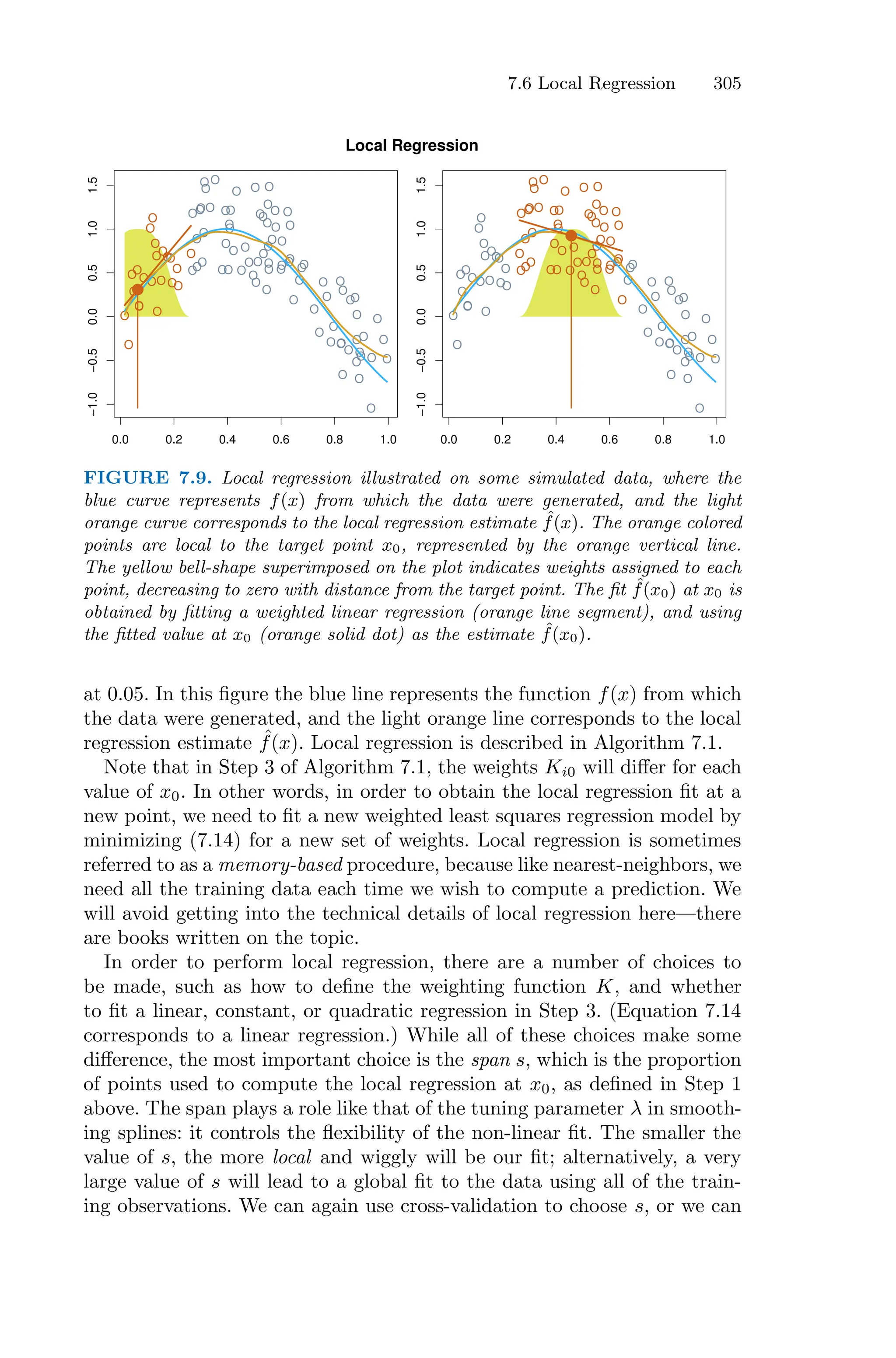 7.6 Local Regression 305
0.0 0.2 0.4 0.6 0.8 1.0
−1.0
−0.5
0.0
0.5
1.0
1.5
O
O
O
O
O
O
O
O
O
O
O
O
O
O
O
O
O
O
O
O
O
O
O
O
O
O
O
O
O
O
O
O
O
O
O
O
O
O
O
O
O
O
O
O
O
O
O
O
O
O
O
O
O
O
O
O
O
O
O
O
O
O
O
O
O
O
O
O
O
O
O
O
O
O
O
O
O
O
O
O
O
O
O
O
O
O
O
O
O
O
O
O
O
O
O
O
O
O
O
O
O
O
O
O
O
O
O
O
O
O
O
O
O
O
O
O
O
O
O
O
O
O
0.0 0.2 0.4 0.6 0.8 1.0
−1.0
−0.5
0.0
0.5
1.0
1.5
O
O
O
O
O
O
O
O
O
O
O
O
O
O
O
O
O
O
O
O
O
O
O
O
O
O
O
O
O
O
O
O
O
O
O
O
O
O
O
O
O
O
O
O
O
O
O
O
O
O
O
O
O
O
O
O
O
O
O
O
O
O
O
O
O
O
O
O
O
O
O
O
O
O
O
O
O
O
O
O
O
O
O
O
O
O
O
O
O
O
O
O
O
O
O
O
O
O
O
O
O
O
O
O
O
O
O
O
O
O
O
O
O
O
O
O
O
O
O
O
O
O
O
O
O
O
O
O
O
O
O
O
O
O
O
O
O
O
O
O
O
O
O
O
O
O
O
O
O
O
Local Regression
FIGURE 7.9. Local regression illustrated on some simulated data, where the
blue curve represents f(x) from which the data were generated, and the light
orange curve corresponds to the local regression estimate ˆ
f(x). The orange colored
points are local to the target point x0, represented by the orange vertical line.
The yellow bell-shape superimposed on the plot indicates weights assigned to each
point, decreasing to zero with distance from the target point. The fit ˆ
f(x0) at x0 is
obtained by fitting a weighted linear regression (orange line segment), and using
the fitted value at x0 (orange solid dot) as the estimate ˆ
f(x0).
at 0.05. In this figure the blue line represents the function f(x) from which
the data were generated, and the light orange line corresponds to the local
regression estimate ˆ
f(x). Local regression is described in Algorithm 7.1.
Note that in Step 3 of Algorithm 7.1, the weights Ki0 will diﬀer for each
value of x0. In other words, in order to obtain the local regression fit at a
new point, we need to fit a new weighted least squares regression model by
minimizing (7.14) for a new set of weights. Local regression is sometimes
referred to as a memory-based procedure, because like nearest-neighbors, we
need all the training data each time we wish to compute a prediction. We
will avoid getting into the technical details of local regression here—there
are books written on the topic.
In order to perform local regression, there are a number of choices to
be made, such as how to define the weighting function K, and whether
to fit a linear, constant, or quadratic regression in Step 3. (Equation 7.14
corresponds to a linear regression.) While all of these choices make some
diﬀerence, the most important choice is the span s, which is the proportion
of points used to compute the local regression at x0, as defined in Step 1
above. The span plays a role like that of the tuning parameter λ in smooth-
ing splines: it controls the flexibility of the non-linear fit. The smaller the
value of s, the more local and wiggly will be our fit; alternatively, a very
large value of s will lead to a global fit to the data using all of the train-
ing observations. We can again use cross-validation to choose s, or we can
 