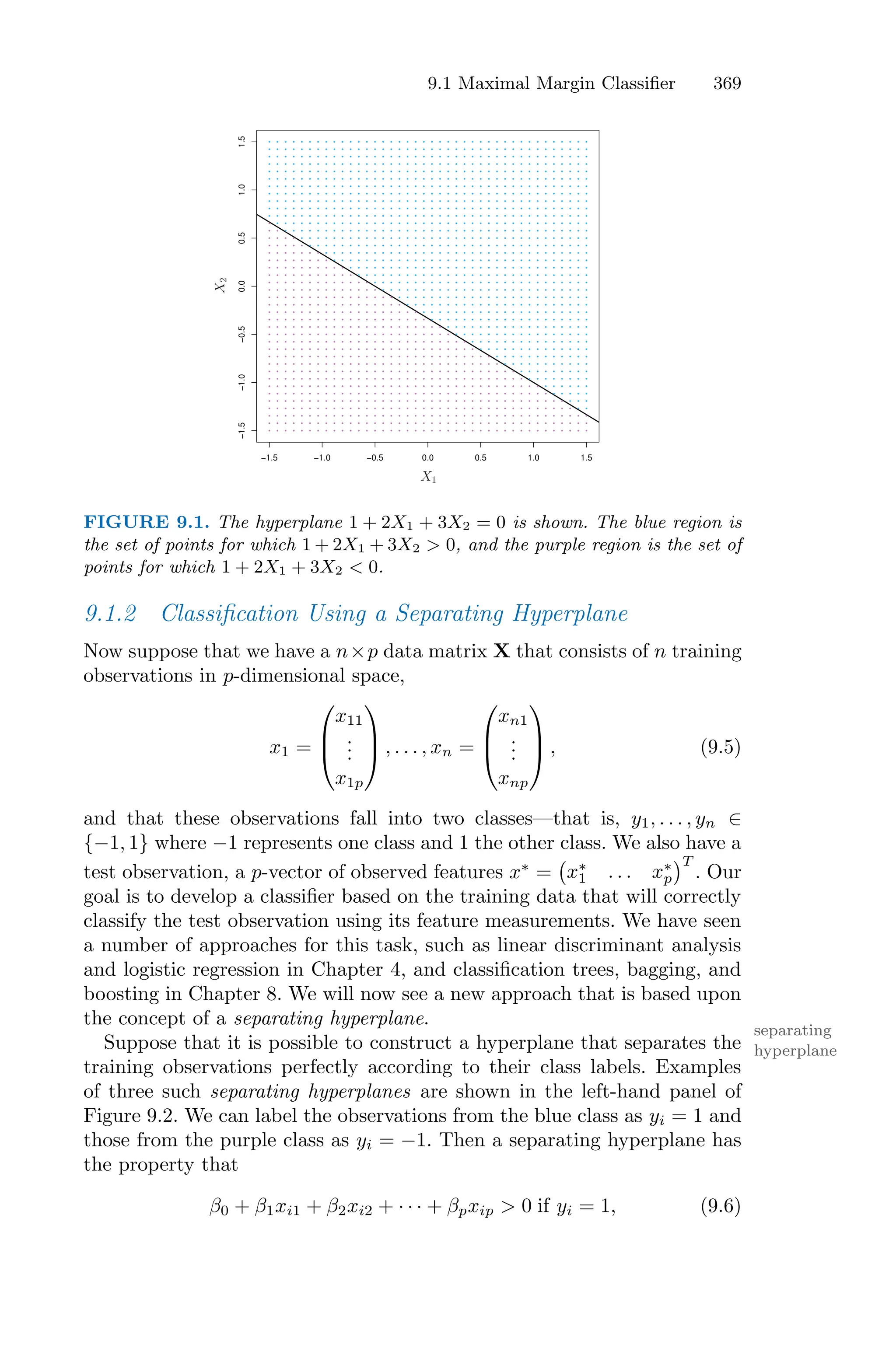 9.1 Maximal Margin Classifier 369
−1.5 −1.0 −0.5 0.0 0.5 1.0 1.5
−1.5
−1.0
−0.5
0.0
0.5
1.0
1.5
X1
X
2
FIGURE 9.1. The hyperplane 1 + 2X1 + 3X2 = 0 is shown. The blue region is
the set of points for which 1 + 2X1 + 3X2 > 0, and the purple region is the set of
points for which 1 + 2X1 + 3X2 < 0.
9.1.2 Classification Using a Separating Hyperplane
Now suppose that we have a n×p data matrix X that consists of n training
observations in p-dimensional space,
x1 =
⎛
⎜
⎝
x11
.
.
.
x1p
⎞
⎟
⎠ , . . . , xn =
⎛
⎜
⎝
xn1
.
.
.
xnp
⎞
⎟
⎠ , (9.5)
and that these observations fall into two classes—that is, y1, . . . , yn ∈
{−1, 1} where −1 represents one class and 1 the other class. We also have a
test observation, a p-vector of observed features x∗
=
'
x∗
1 . . . x∗
p
(T
. Our
goal is to develop a classifier based on the training data that will correctly
classify the test observation using its feature measurements. We have seen
a number of approaches for this task, such as linear discriminant analysis
and logistic regression in Chapter 4, and classification trees, bagging, and
boosting in Chapter 8. We will now see a new approach that is based upon
the concept of a separating hyperplane.
separating
hyperplane
Suppose that it is possible to construct a hyperplane that separates the
training observations perfectly according to their class labels. Examples
of three such separating hyperplanes are shown in the left-hand panel of
Figure 9.2. We can label the observations from the blue class as yi = 1 and
those from the purple class as yi = −1. Then a separating hyperplane has
the property that
β0 + β1xi1 + β2xi2 + · · · + βpxip > 0 if yi = 1, (9.6)
 