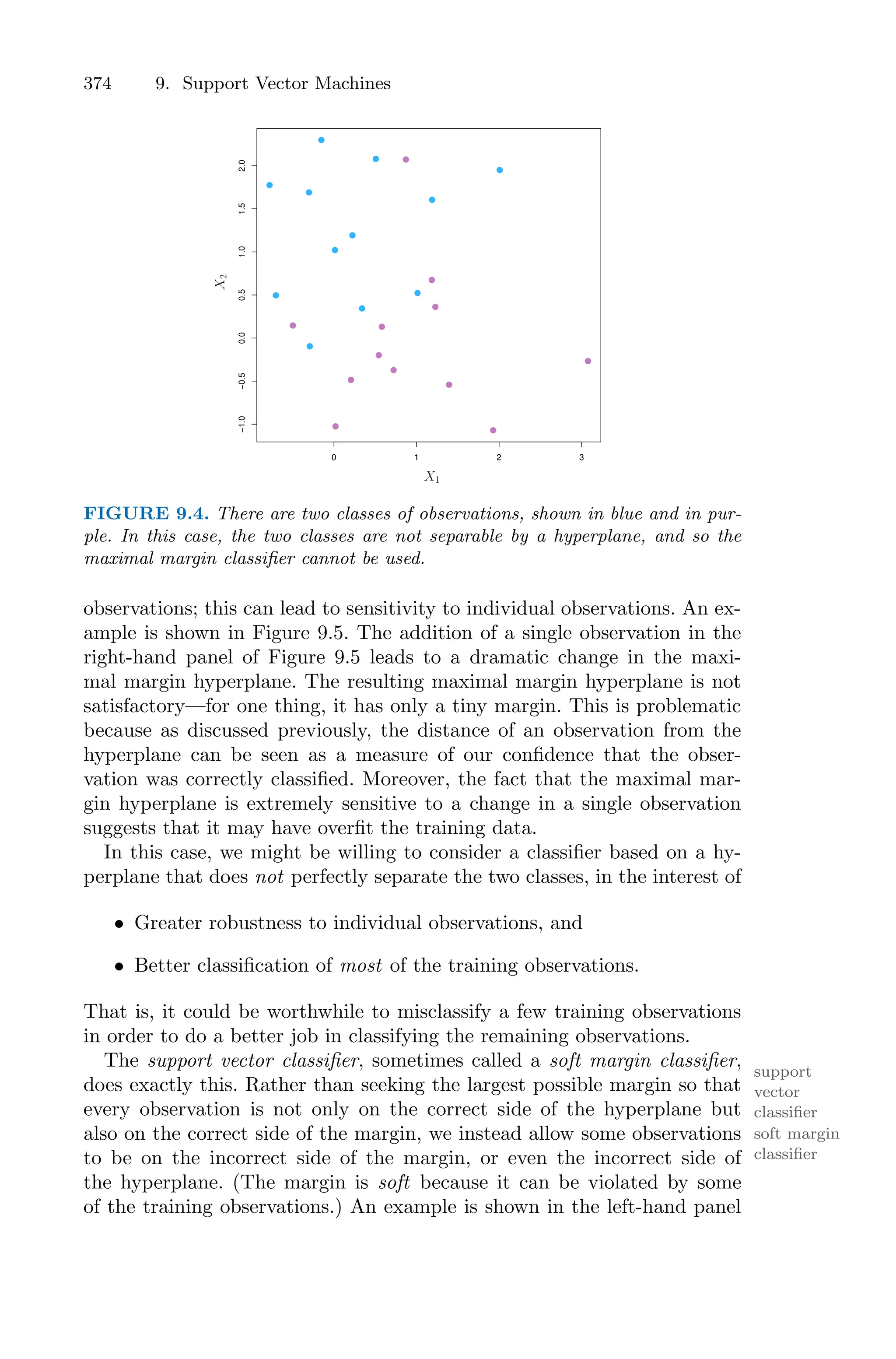 374 9. Support Vector Machines
0 1 2 3
−1.0
−0.5
0.0
0.5
1.0
1.5
2.0
X1
X
2
FIGURE 9.4. There are two classes of observations, shown in blue and in pur-
ple. In this case, the two classes are not separable by a hyperplane, and so the
maximal margin classifier cannot be used.
observations; this can lead to sensitivity to individual observations. An ex-
ample is shown in Figure 9.5. The addition of a single observation in the
right-hand panel of Figure 9.5 leads to a dramatic change in the maxi-
mal margin hyperplane. The resulting maximal margin hyperplane is not
satisfactory—for one thing, it has only a tiny margin. This is problematic
because as discussed previously, the distance of an observation from the
hyperplane can be seen as a measure of our confidence that the obser-
vation was correctly classified. Moreover, the fact that the maximal mar-
gin hyperplane is extremely sensitive to a change in a single observation
suggests that it may have overfit the training data.
In this case, we might be willing to consider a classifier based on a hy-
perplane that does not perfectly separate the two classes, in the interest of
• Greater robustness to individual observations, and
• Better classification of most of the training observations.
That is, it could be worthwhile to misclassify a few training observations
in order to do a better job in classifying the remaining observations.
The support vector classifier, sometimes called a soft margin classifier, support
vector
classifier
soft margin
classifier
does exactly this. Rather than seeking the largest possible margin so that
every observation is not only on the correct side of the hyperplane but
also on the correct side of the margin, we instead allow some observations
to be on the incorrect side of the margin, or even the incorrect side of
the hyperplane. (The margin is soft because it can be violated by some
of the training observations.) An example is shown in the left-hand panel
 