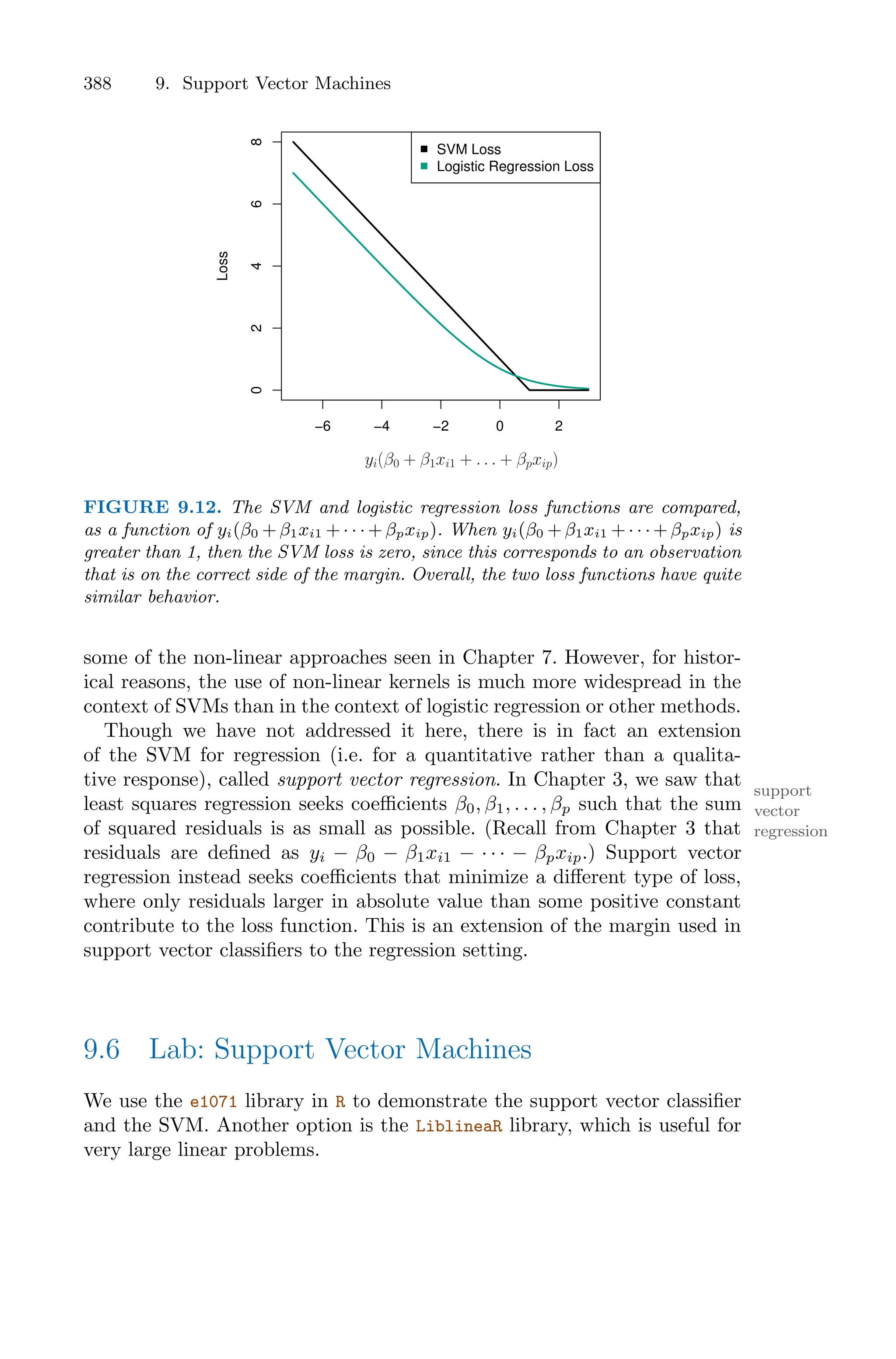 388 9. Support Vector Machines
−6 −4 −2 0 2
0
2
4
6
8
Loss
SVM Loss
Logistic Regression Loss
yi(β0 + β1xi1 + . . . + βpxip)
FIGURE 9.12. The SVM and logistic regression loss functions are compared,
as a function of yi(β0 + β1xi1 + · · · + βpxip). When yi(β0 + β1xi1 + · · · + βpxip) is
greater than 1, then the SVM loss is zero, since this corresponds to an observation
that is on the correct side of the margin. Overall, the two loss functions have quite
similar behavior.
some of the non-linear approaches seen in Chapter 7. However, for histor-
ical reasons, the use of non-linear kernels is much more widespread in the
context of SVMs than in the context of logistic regression or other methods.
Though we have not addressed it here, there is in fact an extension
of the SVM for regression (i.e. for a quantitative rather than a qualita-
tive response), called support vector regression. In Chapter 3, we saw that support
vector
regression
least squares regression seeks coeﬃcients β0, β1, . . . , βp such that the sum
of squared residuals is as small as possible. (Recall from Chapter 3 that
residuals are defined as yi − β0 − β1xi1 − · · · − βpxip.) Support vector
regression instead seeks coeﬃcients that minimize a diﬀerent type of loss,
where only residuals larger in absolute value than some positive constant
contribute to the loss function. This is an extension of the margin used in
support vector classifiers to the regression setting.
9.6 Lab: Support Vector Machines
We use the e1071 library in R to demonstrate the support vector classifier
and the SVM. Another option is the LiblineaR library, which is useful for
very large linear problems.
 