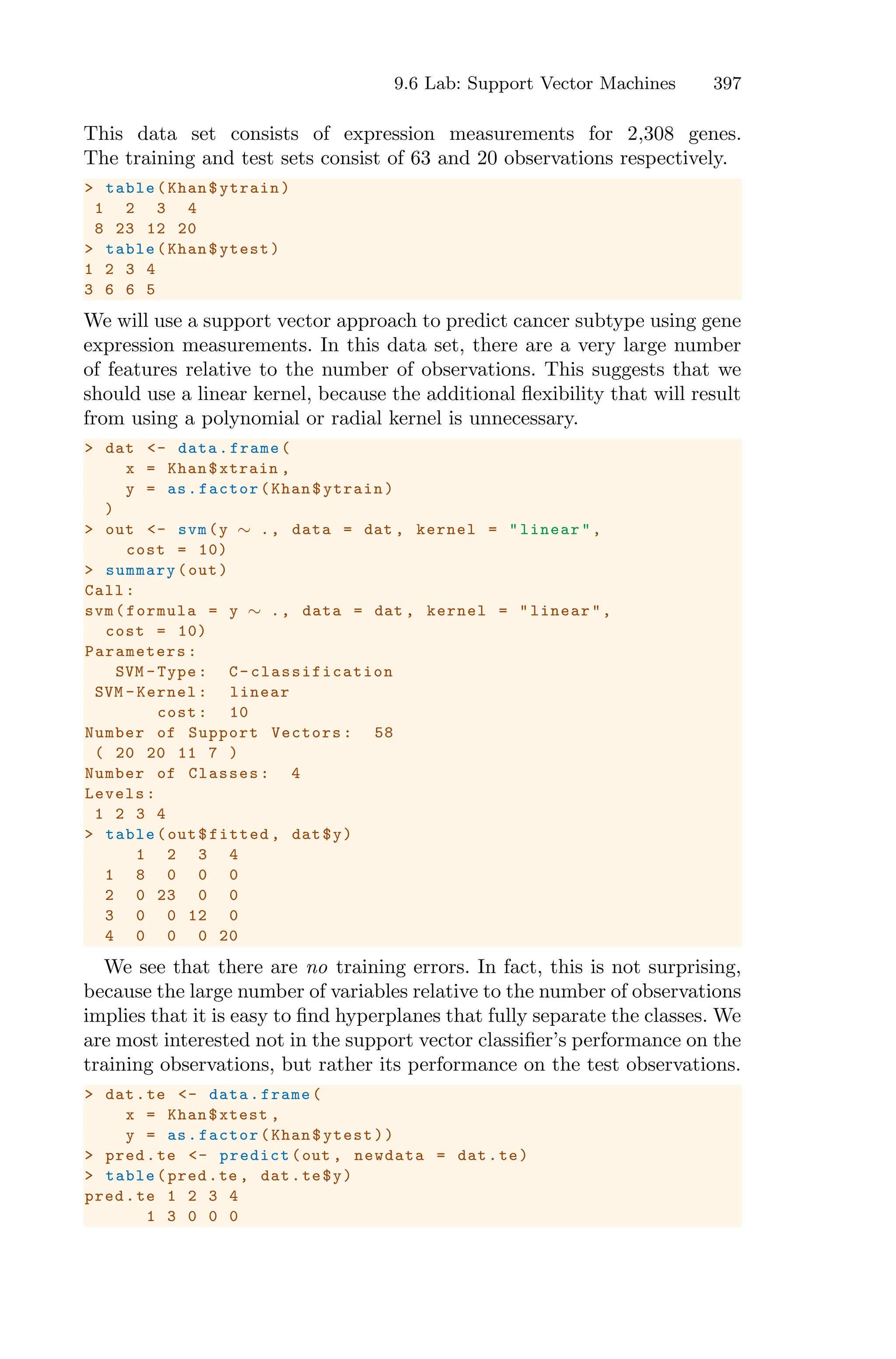 9.6 Lab: Support Vector Machines 397
This data set consists of expression measurements for 2,308 genes.
The training and test sets consist of 63 and 20 observations respectively.
> table(Khan$ytrain)
1 2 3 4
8 23 12 20
> table(Khan$ytest)
1 2 3 4
3 6 6 5
We will use a support vector approach to predict cancer subtype using gene
expression measurements. In this data set, there are a very large number
of features relative to the number of observations. This suggests that we
should use a linear kernel, because the additional flexibility that will result
from using a polynomial or radial kernel is unnecessary.
> dat <- data.frame(
x = Khan$xtrain ,
y = as.factor(Khan$ytrain)
)
> out <- svm(y ∼ ., data = dat , kernel = "linear",
cost = 10)
> summary(out)
Call:
svm(formula = y ∼ ., data = dat , kernel = "linear",
cost = 10)
Parameters :
SVM -Type: C- classification
SVM -Kernel: linear
cost: 10
Number of Support Vectors: 58
( 20 20 11 7 )
Number of Classes: 4
Levels:
1 2 3 4
> table(out$fitted , dat$y)
1 2 3 4
1 8 0 0 0
2 0 23 0 0
3 0 0 12 0
4 0 0 0 20
We see that there are no training errors. In fact, this is not surprising,
because the large number of variables relative to the number of observations
implies that it is easy to find hyperplanes that fully separate the classes. We
are most interested not in the support vector classifier’s performance on the
training observations, but rather its performance on the test observations.
> dat.te <- data.frame(
x = Khan$xtest ,
y = as.factor(Khan$ytest))
> pred.te <- predict(out , newdata = dat.te)
> table(pred.te , dat.te$y)
pred.te 1 2 3 4
1 3 0 0 0
 