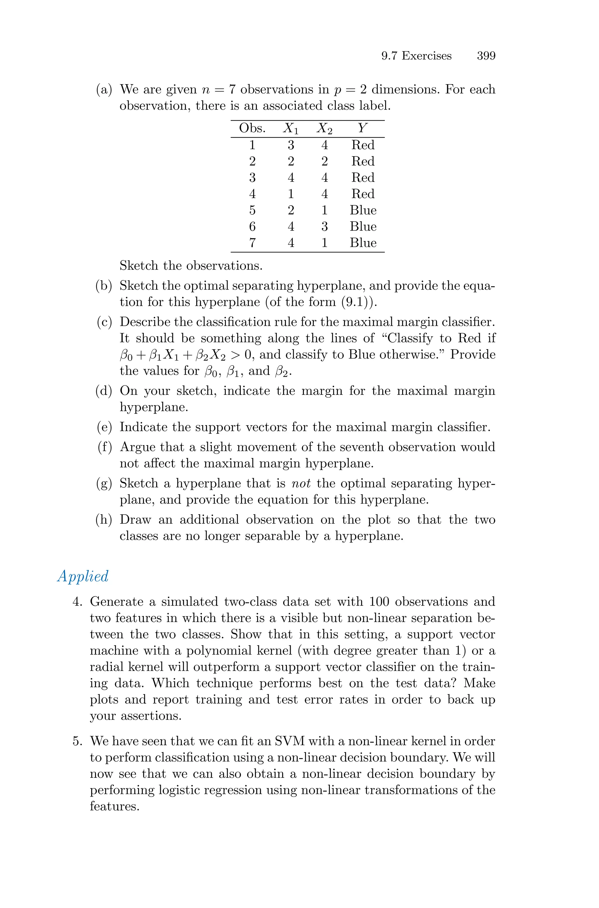 9.7 Exercises 399
(a) We are given n = 7 observations in p = 2 dimensions. For each
observation, there is an associated class label.
Obs. X1 X2 Y
1 3 4 Red
2 2 2 Red
3 4 4 Red
4 1 4 Red
5 2 1 Blue
6 4 3 Blue
7 4 1 Blue
Sketch the observations.
(b) Sketch the optimal separating hyperplane, and provide the equa-
tion for this hyperplane (of the form (9.1)).
(c) Describe the classification rule for the maximal margin classifier.
It should be something along the lines of “Classify to Red if
β0 + β1X1 + β2X2 > 0, and classify to Blue otherwise.” Provide
the values for β0, β1, and β2.
(d) On your sketch, indicate the margin for the maximal margin
hyperplane.
(e) Indicate the support vectors for the maximal margin classifier.
(f) Argue that a slight movement of the seventh observation would
not aﬀect the maximal margin hyperplane.
(g) Sketch a hyperplane that is not the optimal separating hyper-
plane, and provide the equation for this hyperplane.
(h) Draw an additional observation on the plot so that the two
classes are no longer separable by a hyperplane.
Applied
4. Generate a simulated two-class data set with 100 observations and
two features in which there is a visible but non-linear separation be-
tween the two classes. Show that in this setting, a support vector
machine with a polynomial kernel (with degree greater than 1) or a
radial kernel will outperform a support vector classifier on the train-
ing data. Which technique performs best on the test data? Make
plots and report training and test error rates in order to back up
your assertions.
5. We have seen that we can fit an SVM with a non-linear kernel in order
to perform classification using a non-linear decision boundary. We will
now see that we can also obtain a non-linear decision boundary by
performing logistic regression using non-linear transformations of the
features.
 