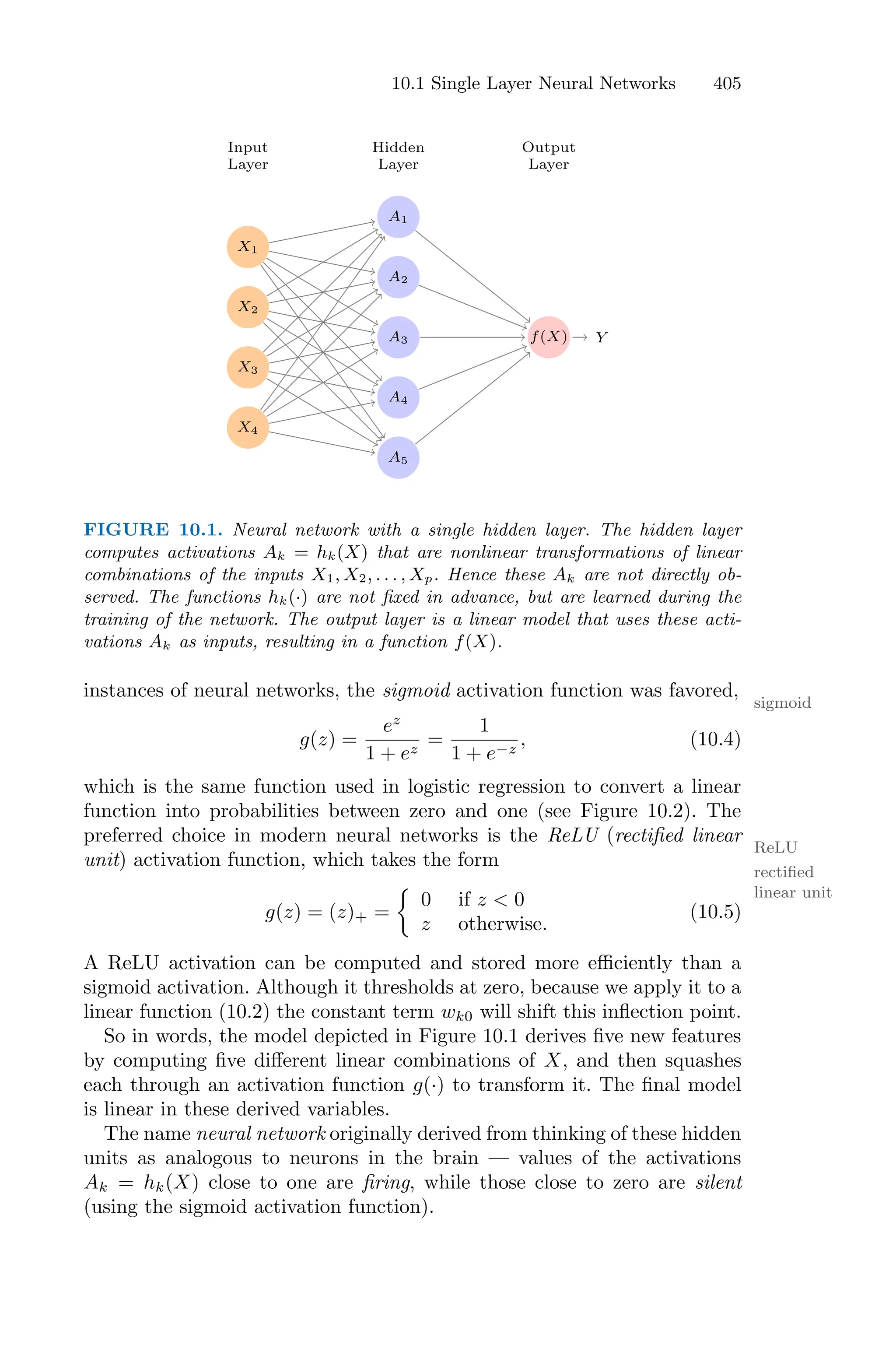 10.1 Single Layer Neural Networks 405
X1
X2
X3
X4
A1
A2
A3
A4
A5
f(X) Y
Hidden
Layer
Input
Layer
Output
Layer
FIGURE 10.1. Neural network with a single hidden layer. The hidden layer
computes activations Ak = hk(X) that are nonlinear transformations of linear
combinations of the inputs X1, X2, . . . , Xp. Hence these Ak are not directly ob-
served. The functions hk(·) are not fixed in advance, but are learned during the
training of the network. The output layer is a linear model that uses these acti-
vations Ak as inputs, resulting in a function f(X).
instances of neural networks, the sigmoid activation function was favored,
sigmoid
g(z) =
ez
1 + ez
=
1
1 + e−z
, (10.4)
which is the same function used in logistic regression to convert a linear
function into probabilities between zero and one (see Figure 10.2). The
preferred choice in modern neural networks is the ReLU (rectified linear
ReLU
unit) activation function, which takes the form
rectified
linear unit
g(z) = (z)+ =
K
0 if z < 0
z otherwise.
(10.5)
A ReLU activation can be computed and stored more eﬃciently than a
sigmoid activation. Although it thresholds at zero, because we apply it to a
linear function (10.2) the constant term wk0 will shift this inflection point.
So in words, the model depicted in Figure 10.1 derives five new features
by computing five diﬀerent linear combinations of X, and then squashes
each through an activation function g(·) to transform it. The final model
is linear in these derived variables.
The name neural network originally derived from thinking of these hidden
units as analogous to neurons in the brain — values of the activations
Ak = hk(X) close to one are firing, while those close to zero are silent
(using the sigmoid activation function).
 