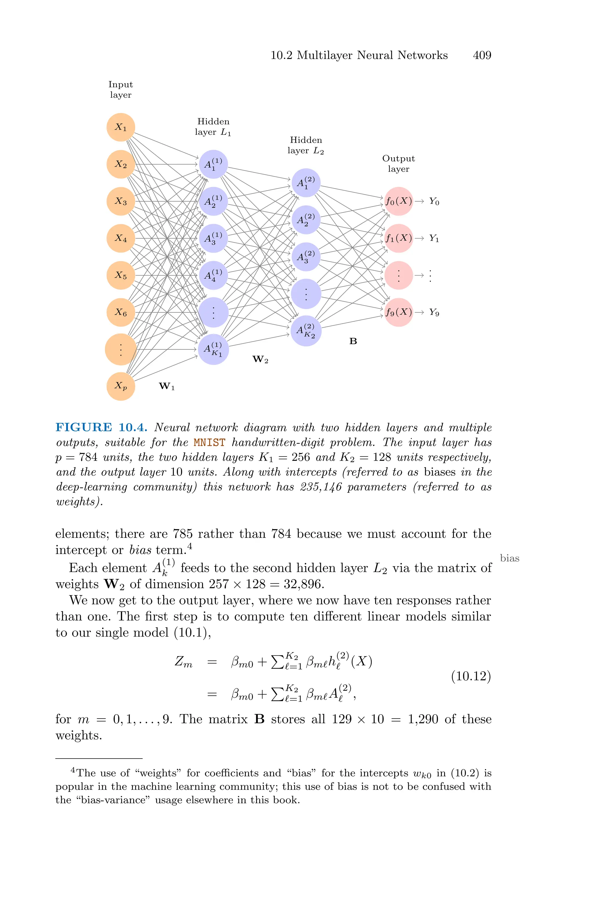 10.2 Multilayer Neural Networks 409
X1
X2
X3
X4
X5
X6
.
.
.
Xp
A
(1)
1
A
(1)
2
A
(1)
3
A
(1)
4
.
.
.
A
(1)
K1
A
(2)
1
A
(2)
2
A
(2)
3
.
.
.
A
(2)
K2
f0(X) Y0
f1(X) Y1
.
.
.
.
.
.
f9(X) Y9
Hidden
layer L2
Hidden
layer L1
Input
layer
Output
layer
W1
W2
B
FIGURE 10.4. Neural network diagram with two hidden layers and multiple
outputs, suitable for the MNIST handwritten-digit problem. The input layer has
p = 784 units, the two hidden layers K1 = 256 and K2 = 128 units respectively,
and the output layer 10 units. Along with intercepts (referred to as biases in the
deep-learning community) this network has 235,146 parameters (referred to as
weights).
elements; there are 785 rather than 784 because we must account for the
intercept or bias term.4
bias
Each element A
(1)
k feeds to the second hidden layer L2 via the matrix of
weights W2 of dimension 257 × 128 = 32,896.
We now get to the output layer, where we now have ten responses rather
than one. The first step is to compute ten diﬀerent linear models similar
to our single model (10.1),
Zm = βm0 +
)K2
ℓ=1 βmℓh
(2)
ℓ (X)
= βm0 +
)K2
ℓ=1 βmℓA
(2)
ℓ ,
(10.12)
for m = 0, 1, . . . , 9. The matrix B stores all 129 × 10 = 1,290 of these
weights.
4The use of “weights” for coeﬃcients and “bias” for the intercepts wk0 in (10.2) is
popular in the machine learning community; this use of bias is not to be confused with
the “bias-variance” usage elsewhere in this book.
 