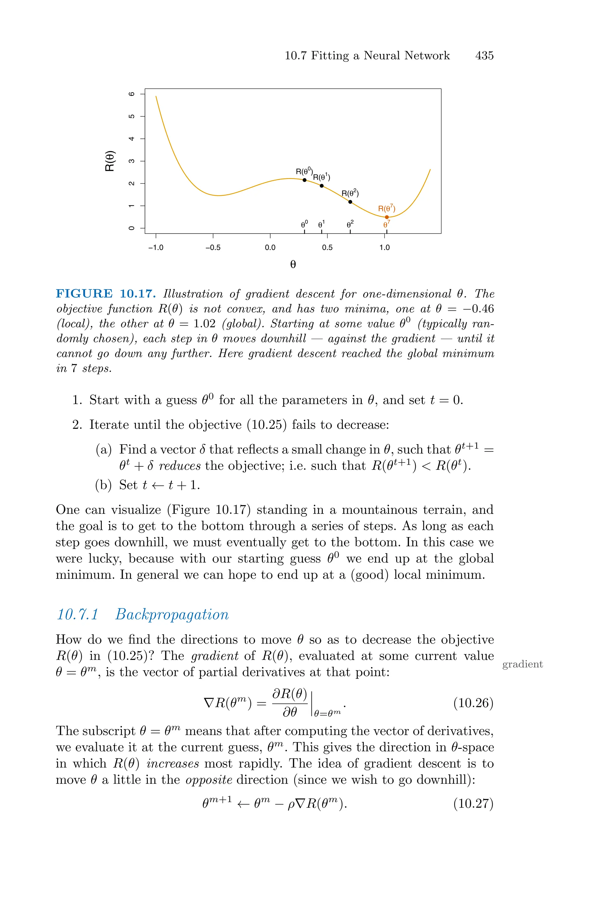 10.7 Fitting a Neural Network 435
−1.0 −0.5 0.0 0.5 1.0
0
1
2
3
4
5
6
θ
R(θ)
θ0
θ1
θ2
θ7
●
●
●
●
R(θ0
)
R(θ1
)
R(θ2
)
R(θ7
)
FIGURE 10.17. Illustration of gradient descent for one-dimensional θ. The
objective function R(θ) is not convex, and has two minima, one at θ = −0.46
(local), the other at θ = 1.02 (global). Starting at some value θ0
(typically ran-
domly chosen), each step in θ moves downhill — against the gradient — until it
cannot go down any further. Here gradient descent reached the global minimum
in 7 steps.
1. Start with a guess θ0
for all the parameters in θ, and set t = 0.
2. Iterate until the objective (10.25) fails to decrease:
(a) Find a vector δ that reflects a small change in θ, such that θt+1
=
θt
+ δ reduces the objective; i.e. such that R(θt+1
) < R(θt
).
(b) Set t ← t + 1.
One can visualize (Figure 10.17) standing in a mountainous terrain, and
the goal is to get to the bottom through a series of steps. As long as each
step goes downhill, we must eventually get to the bottom. In this case we
were lucky, because with our starting guess θ0
we end up at the global
minimum. In general we can hope to end up at a (good) local minimum.
10.7.1 Backpropagation
How do we find the directions to move θ so as to decrease the objective
R(θ) in (10.25)? The gradient of R(θ), evaluated at some current value
gradient
θ = θm
, is the vector of partial derivatives at that point:
∇R(θm
) =
∂R(θ)
∂θ
V
V
V
θ=θm
. (10.26)
The subscript θ = θm
means that after computing the vector of derivatives,
we evaluate it at the current guess, θm
. This gives the direction in θ-space
in which R(θ) increases most rapidly. The idea of gradient descent is to
move θ a little in the opposite direction (since we wish to go downhill):
θm+1
← θm
− ρ∇R(θm
). (10.27)
 