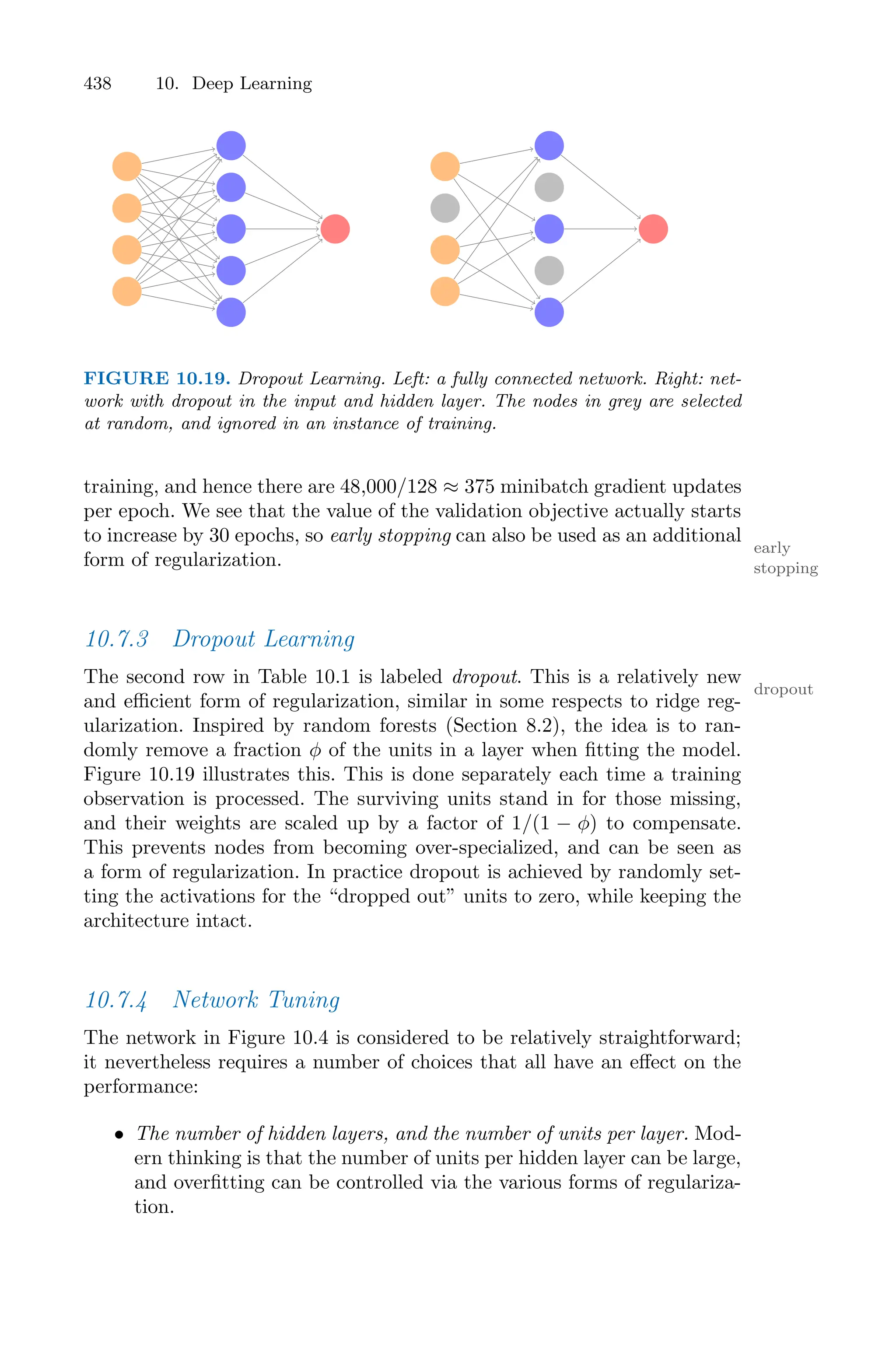 438 10. Deep Learning
FIGURE 10.19. Dropout Learning. Left: a fully connected network. Right: net-
work with dropout in the input and hidden layer. The nodes in grey are selected
at random, and ignored in an instance of training.
training, and hence there are 48,000/128 ≈ 375 minibatch gradient updates
per epoch. We see that the value of the validation objective actually starts
to increase by 30 epochs, so early stopping can also be used as an additional
early
stopping
form of regularization.
10.7.3 Dropout Learning
The second row in Table 10.1 is labeled dropout. This is a relatively new
dropout
and eﬃcient form of regularization, similar in some respects to ridge reg-
ularization. Inspired by random forests (Section 8.2), the idea is to ran-
domly remove a fraction φ of the units in a layer when fitting the model.
Figure 10.19 illustrates this. This is done separately each time a training
observation is processed. The surviving units stand in for those missing,
and their weights are scaled up by a factor of 1/(1 − φ) to compensate.
This prevents nodes from becoming over-specialized, and can be seen as
a form of regularization. In practice dropout is achieved by randomly set-
ting the activations for the “dropped out” units to zero, while keeping the
architecture intact.
10.7.4 Network Tuning
The network in Figure 10.4 is considered to be relatively straightforward;
it nevertheless requires a number of choices that all have an eﬀect on the
performance:
• The number of hidden layers, and the number of units per layer. Mod-
ern thinking is that the number of units per hidden layer can be large,
and overfitting can be controlled via the various forms of regulariza-
tion.
 