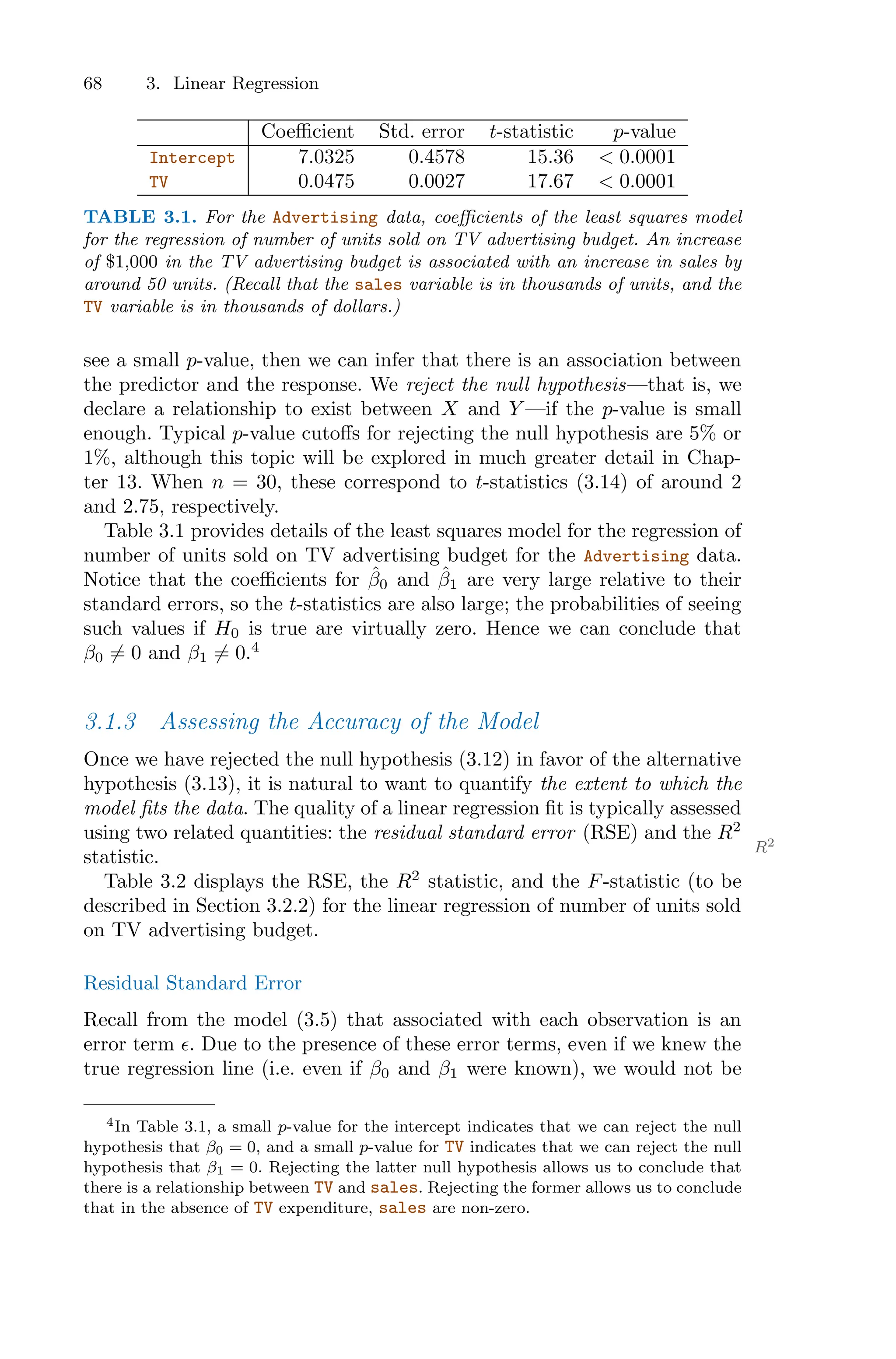 68 3. Linear Regression
Coeﬃcient Std. error t-statistic p-value
Intercept 7.0325 0.4578 15.36 < 0.0001
TV 0.0475 0.0027 17.67 < 0.0001
TABLE 3.1. For the Advertising data, coeﬃcients of the least squares model
for the regression of number of units sold on TV advertising budget. An increase
of $1,000 in the TV advertising budget is associated with an increase in sales by
around 50 units. (Recall that the sales variable is in thousands of units, and the
TV variable is in thousands of dollars.)
see a small p-value, then we can infer that there is an association between
the predictor and the response. We reject the null hypothesis—that is, we
declare a relationship to exist between X and Y —if the p-value is small
enough. Typical p-value cutoﬀs for rejecting the null hypothesis are 5% or
1%, although this topic will be explored in much greater detail in Chap-
ter 13. When n = 30, these correspond to t-statistics (3.14) of around 2
and 2.75, respectively.
Table 3.1 provides details of the least squares model for the regression of
number of units sold on TV advertising budget for the Advertising data.
Notice that the coeﬃcients for β̂0 and β̂1 are very large relative to their
standard errors, so the t-statistics are also large; the probabilities of seeing
such values if H0 is true are virtually zero. Hence we can conclude that
β0 ̸= 0 and β1 ̸= 0.4
3.1.3 Assessing the Accuracy of the Model
Once we have rejected the null hypothesis (3.12) in favor of the alternative
hypothesis (3.13), it is natural to want to quantify the extent to which the
model fits the data. The quality of a linear regression fit is typically assessed
using two related quantities: the residual standard error (RSE) and the R2
R2
statistic.
Table 3.2 displays the RSE, the R2
statistic, and the F-statistic (to be
described in Section 3.2.2) for the linear regression of number of units sold
on TV advertising budget.
Residual Standard Error
Recall from the model (3.5) that associated with each observation is an
error term ϵ. Due to the presence of these error terms, even if we knew the
true regression line (i.e. even if β0 and β1 were known), we would not be
4In Table 3.1, a small p-value for the intercept indicates that we can reject the null
hypothesis that β0 = 0, and a small p-value for TV indicates that we can reject the null
hypothesis that β1 = 0. Rejecting the latter null hypothesis allows us to conclude that
there is a relationship between TV and sales. Rejecting the former allows us to conclude
that in the absence of TV expenditure, sales are non-zero.
 
