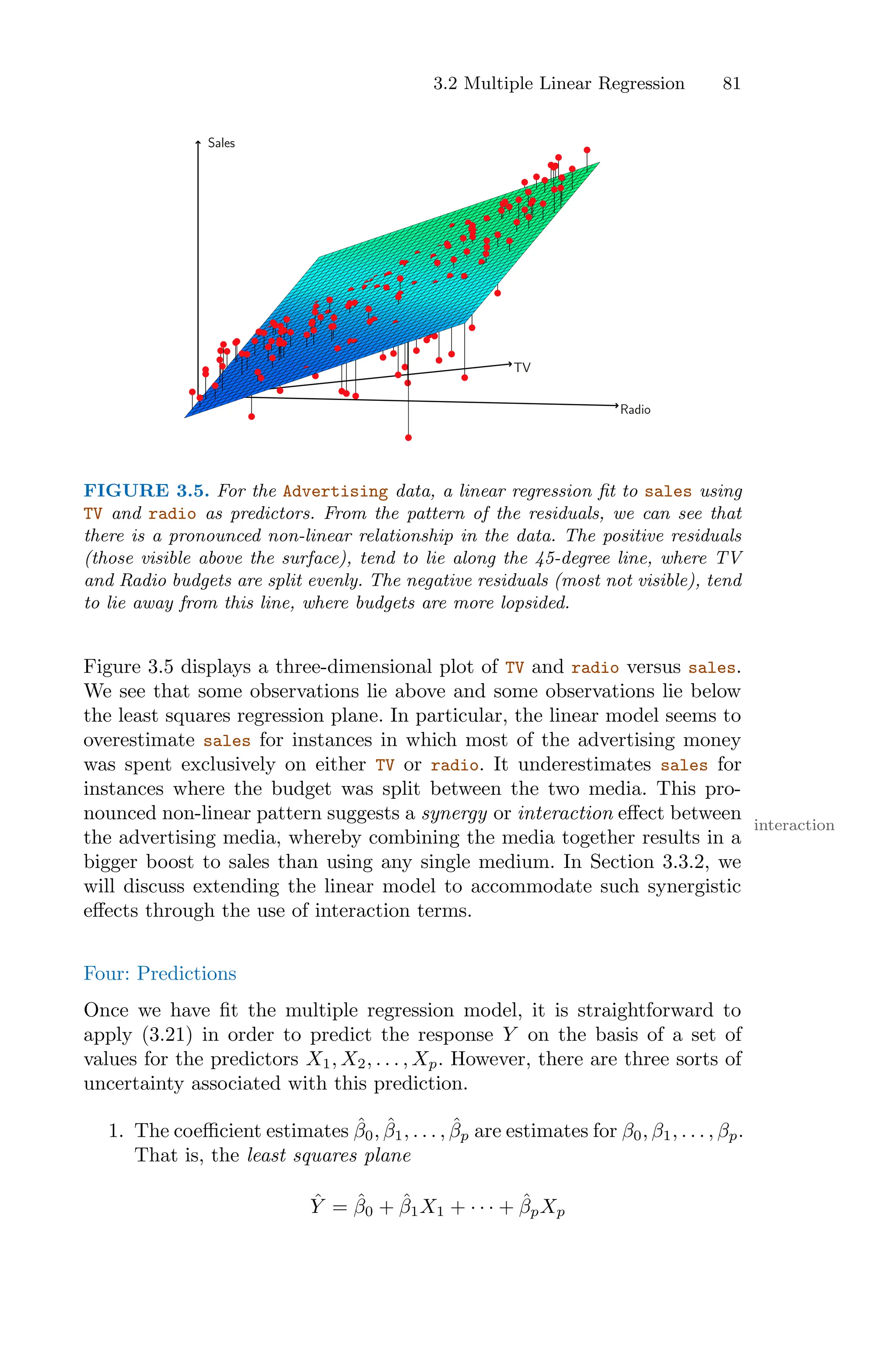 3.2 Multiple Linear Regression 81
Sales
Radio
TV
FIGURE 3.5. For the Advertising data, a linear regression fit to sales using
TV and radio as predictors. From the pattern of the residuals, we can see that
there is a pronounced non-linear relationship in the data. The positive residuals
(those visible above the surface), tend to lie along the 45-degree line, where TV
and Radio budgets are split evenly. The negative residuals (most not visible), tend
to lie away from this line, where budgets are more lopsided.
Figure 3.5 displays a three-dimensional plot of TV and radio versus sales.
We see that some observations lie above and some observations lie below
the least squares regression plane. In particular, the linear model seems to
overestimate sales for instances in which most of the advertising money
was spent exclusively on either TV or radio. It underestimates sales for
instances where the budget was split between the two media. This pro-
nounced non-linear pattern suggests a synergy or interaction eﬀect between
interaction
the advertising media, whereby combining the media together results in a
bigger boost to sales than using any single medium. In Section 3.3.2, we
will discuss extending the linear model to accommodate such synergistic
eﬀects through the use of interaction terms.
Four: Predictions
Once we have fit the multiple regression model, it is straightforward to
apply (3.21) in order to predict the response Y on the basis of a set of
values for the predictors X1, X2, . . . , Xp. However, there are three sorts of
uncertainty associated with this prediction.
1. The coeﬃcient estimates β̂0, β̂1, . . . , β̂p are estimates for β0, β1, . . . , βp.
That is, the least squares plane
Ŷ = β̂0 + β̂1X1 + · · · + β̂pXp
 