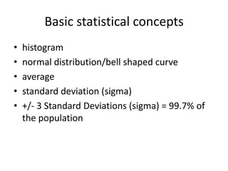 Basic statistical concepts
•   histogram
•   normal distribution/bell shaped curve
•   average
•   standard deviation (sigma)
•   +/- 3 Standard Deviations (sigma) = 99.7% of
    the population
 