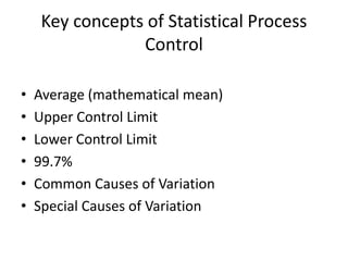 Key concepts of Statistical Process
                 Control

•   Average (mathematical mean)
•   Upper Control Limit
•   Lower Control Limit
•   99.7%
•   Common Causes of Variation
•   Special Causes of Variation
 