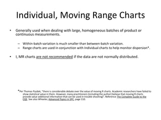 Individual, Moving Range Charts
•   Generally used when dealing with large, homogeneous batches of product or
    continuous measurements.

     – Within-batch variation is much smaller than between-batch variation.
     – Range charts are used in conjunction with Individual charts to help monitor dispersion*.

•   I, MR charts are not recommended if the data are not normally distributed.




     *Per Thomas Pyzdek, “there is considerable debate over the value of moving R charts. Academic researchers have failed to
         show statistical value in them. However, many practitioners (including the author) believe that moving R charts
         provide value additional information that can be used in trouble shooting)”. Reference The Complete Guide to the
         CQE. See also Wheeler, Advanced Topics in SPC, page 110.
 