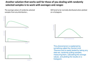 Another solution that works well for those of you dealing with randomly
 selected samples is to work with averages and ranges
The average values of randomly selected   Will tend to be normally distributed when plotted
samples from any distribution…            on a histogram.




                                              This phenomenon is explained by
                                              something called the Central Limit
                                              Theorem and is easily tested by taking any
                                              data set, randomly pulling samples,
                                              measuring them, calculating the average
                                              values, and plotting the results on a
                                              histogram.
 